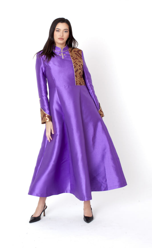 Front full view of a women's purple clergy robe with gold geometric contrast trim on the shoulder and sleeve cuffs, long sleeves, high neckline, and flowing A-line silhouette by Tally Taylor.