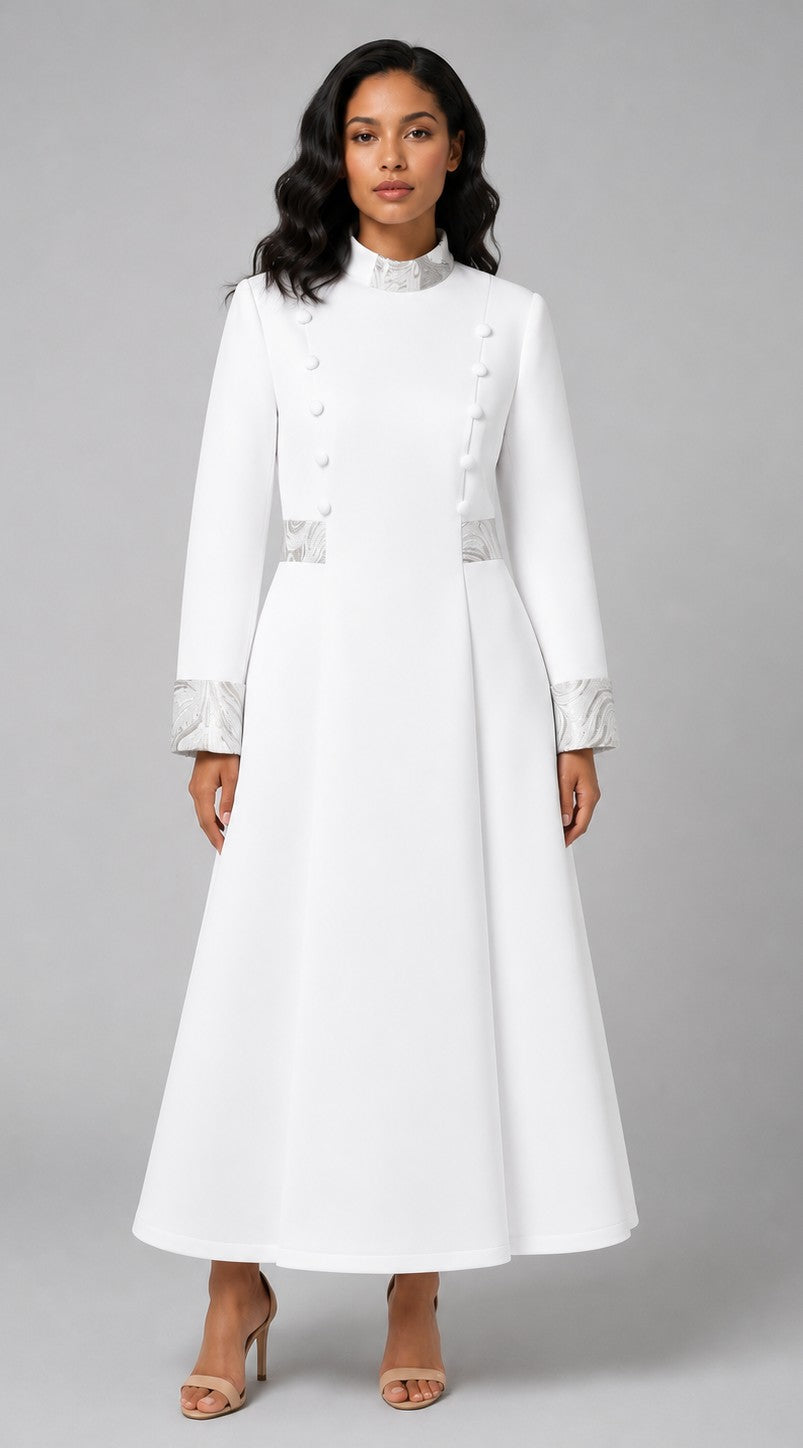 White Regal Trim Women's Clergy Robe with purple trim accents and decorative button detailing by Tally Taylor