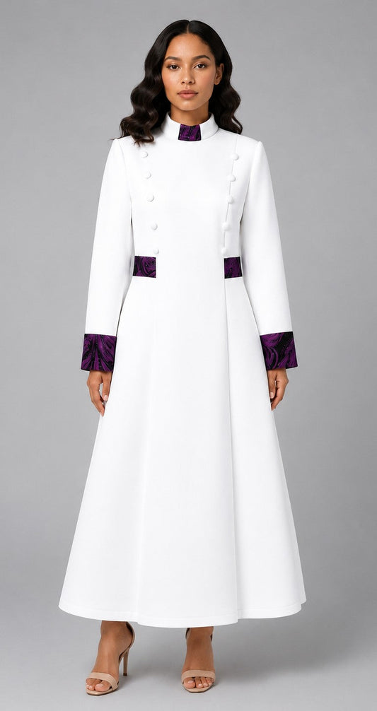 White and Purple Regal Trim Women's Clergy Robe with decorative button detailing and contrast trim by Tally Taylor
