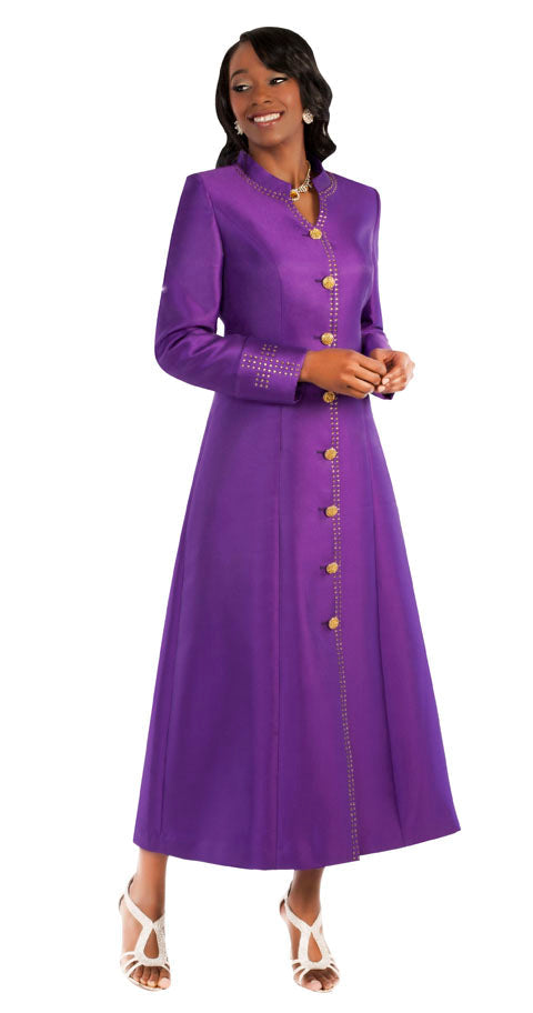 Plus size purple satin cassock robe with rhinestone button front worn by model standing with hands clasped – Tally Taylor