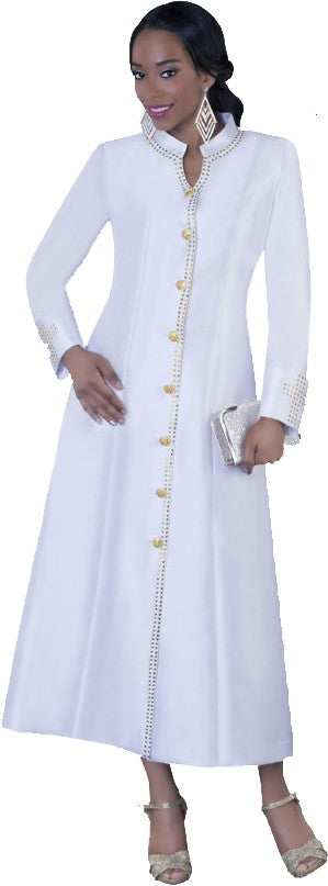 Plus size white satin cassock robe with rhinestone button front worn by model standing with hands in pockets – Tally Taylor