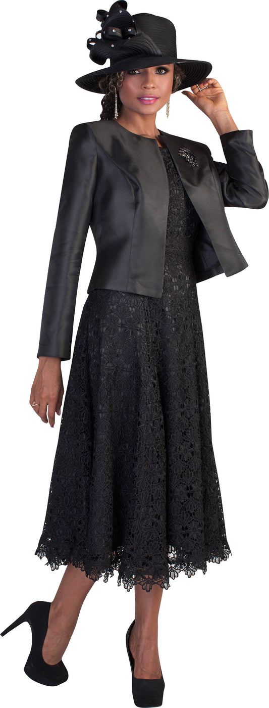 Black lace church dress with satin jacket shown walking by Tally Taylor