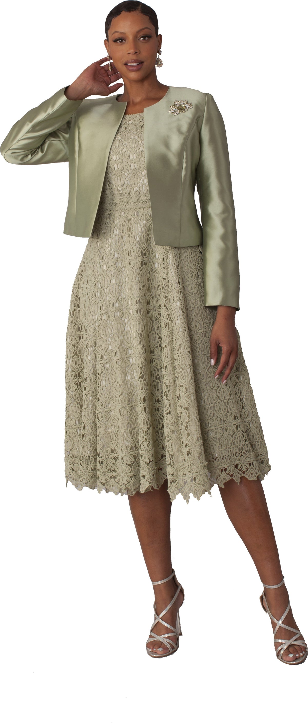 Sage green lace church dress with satin jacket shown walking by Tally Taylor