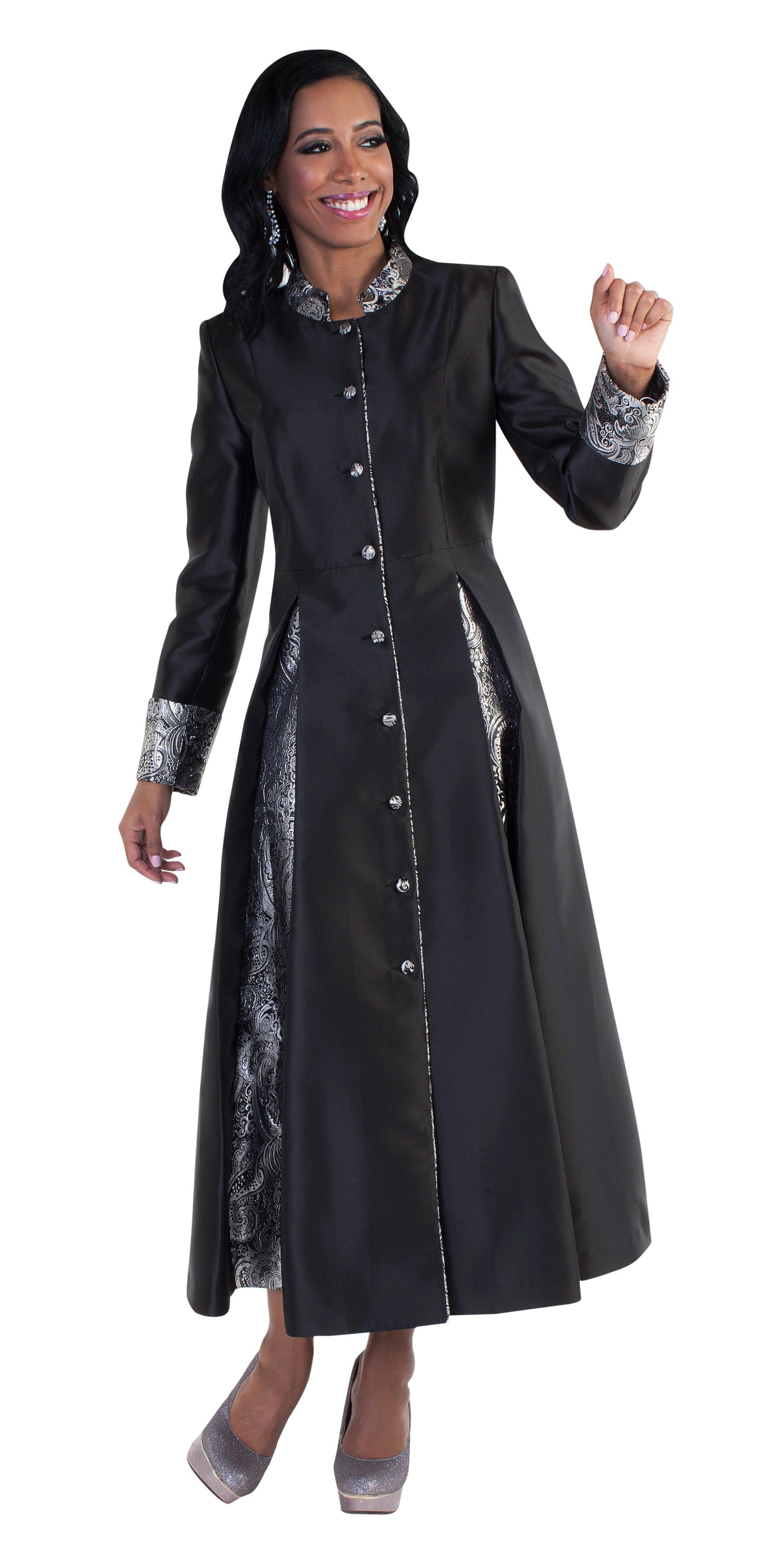 Black and silver women's minister robe with cross embroidery worn by model raising arm showing sleeve detail – Tally Taylor