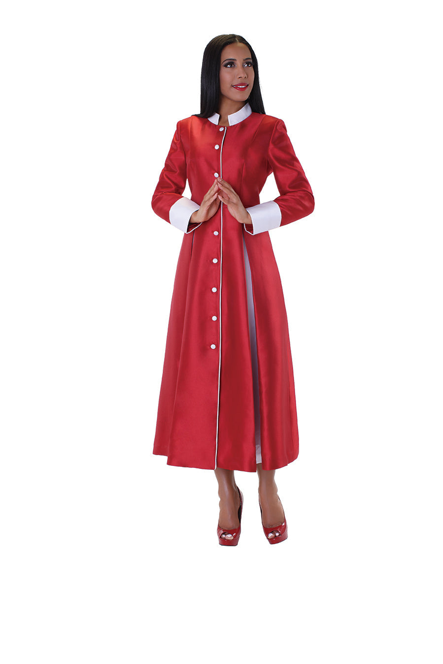 Red women's minister robe with button front worn by model standing with arms slightly extended – Tally Taylor