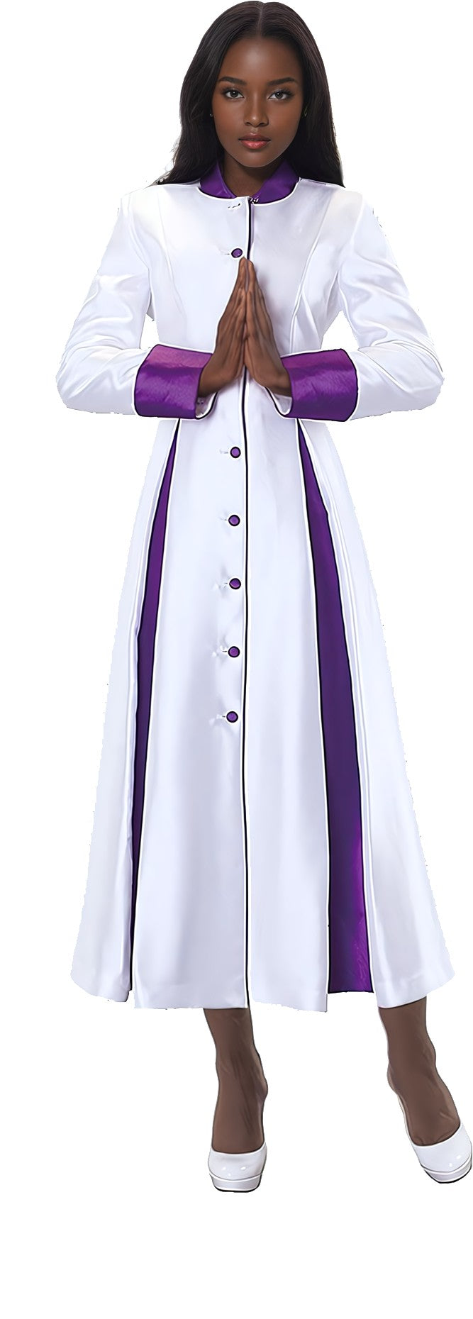 White and purple women's minister robe with pleated panels worn by model with hands together in prayer pose – Tally Taylor