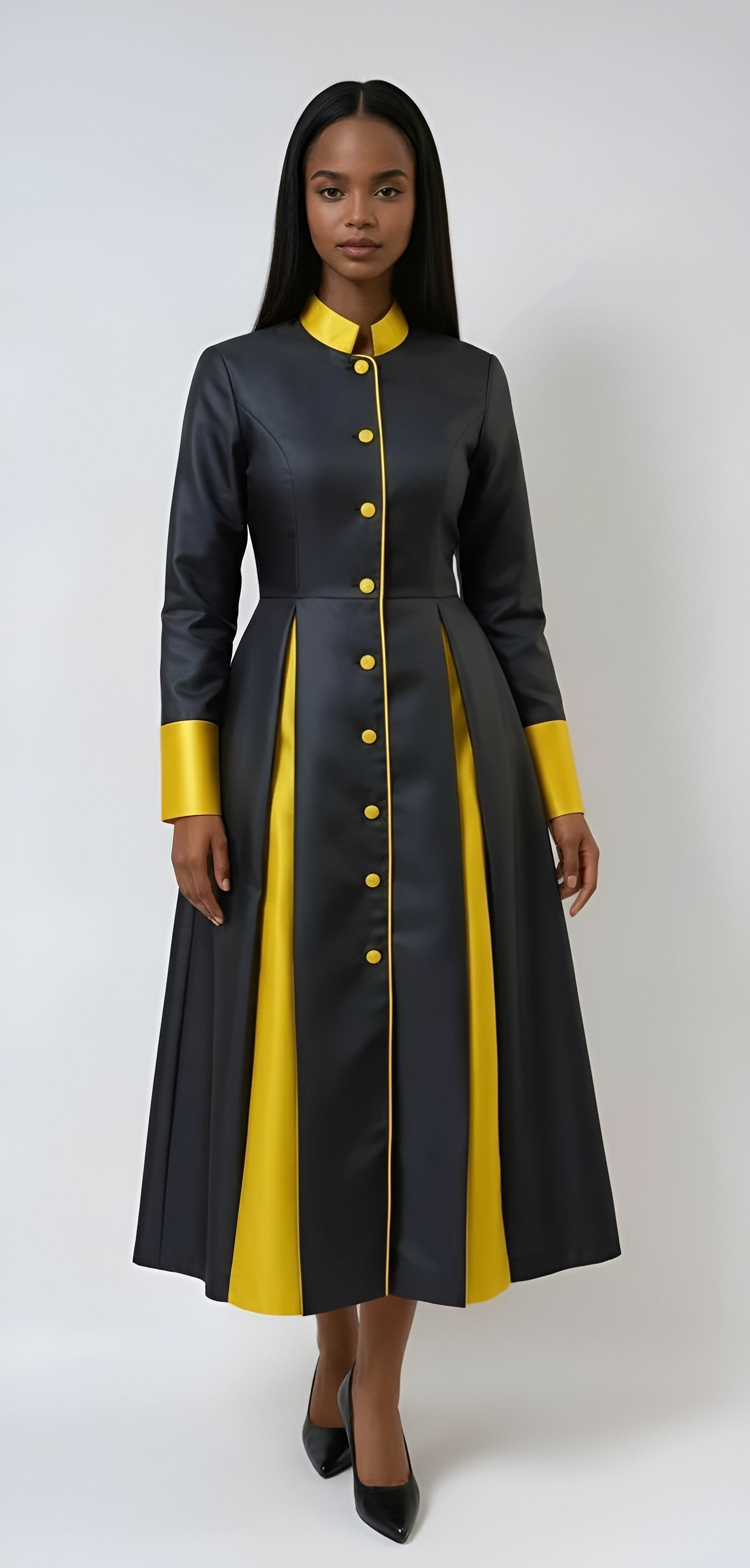 Plus size black and gold women's minister robe with button front and contrast panels worn by model standing front view – Tally Taylor