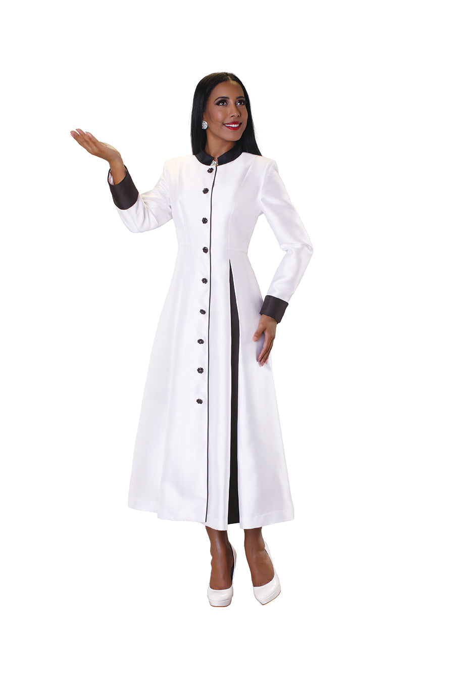 Plus size white women's minister robe with button front worn by model standing with arm extended in modest pose – Tally Taylor
