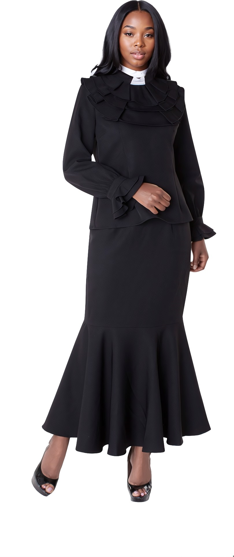 Black two-piece ruffle church set with clerical collar and mermaid skirt worn by model standing front view – Tally Taylor