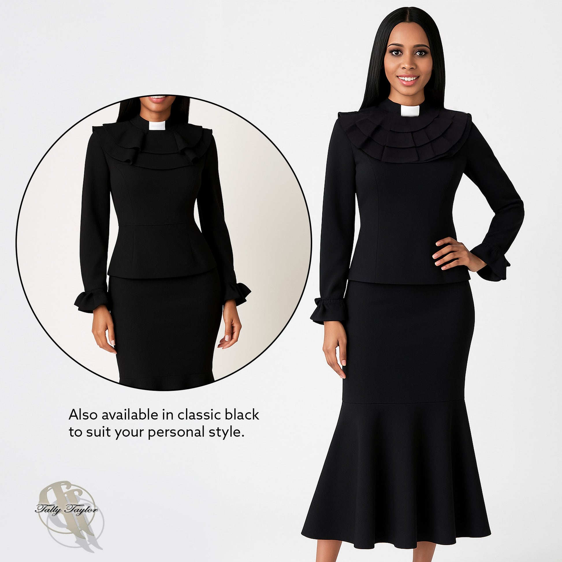 Black two-piece ruffle church set with clerical collar shown as full outfit product display – Tally Taylor