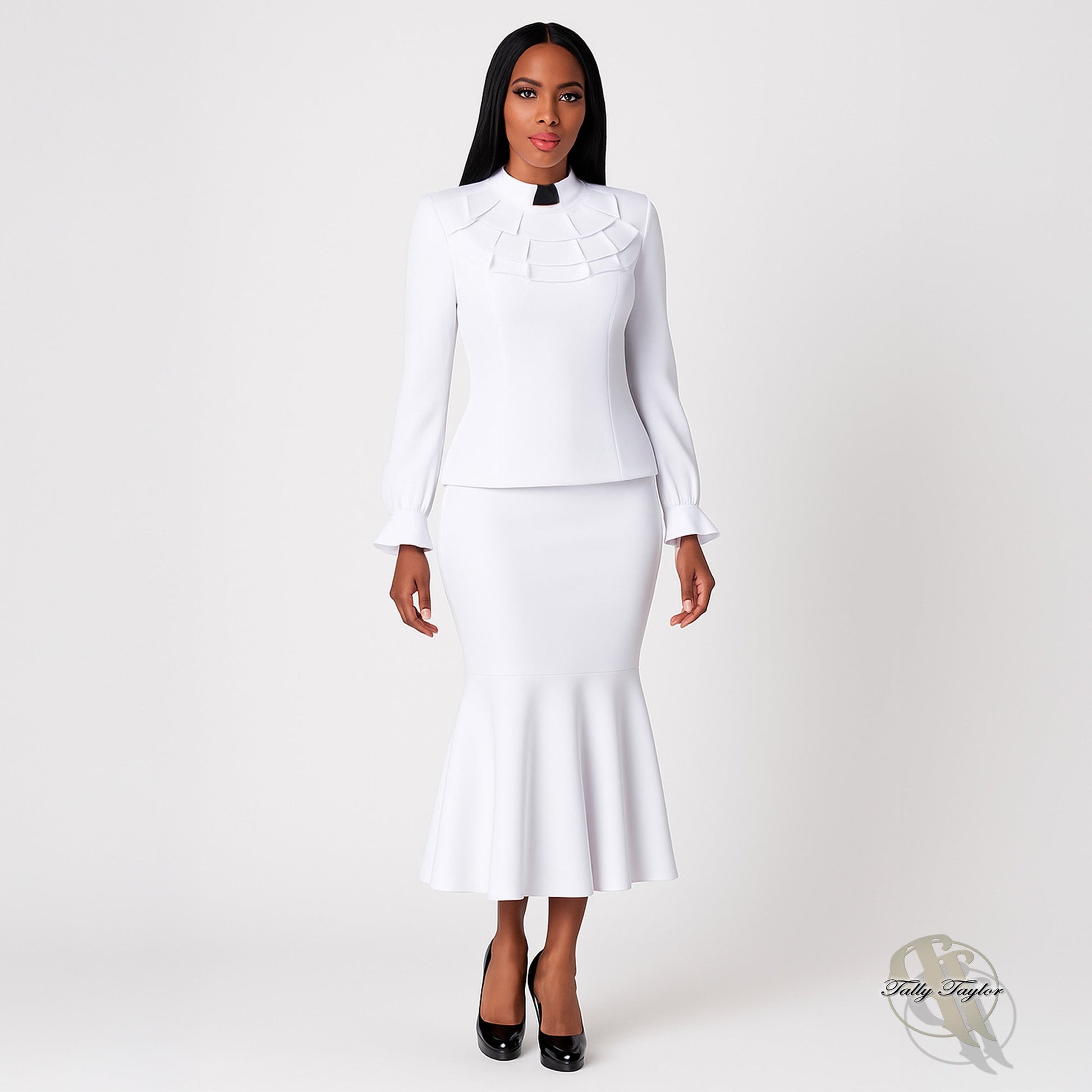 White two-piece ruffle church set with clerical collar worn by model standing front view – Tally Taylor