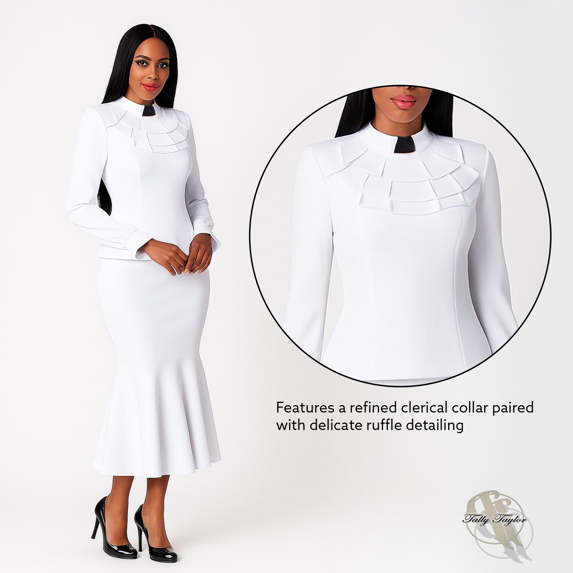 White two-piece ruffle church set with clerical collar shown as full outfit product display – Tally Taylor