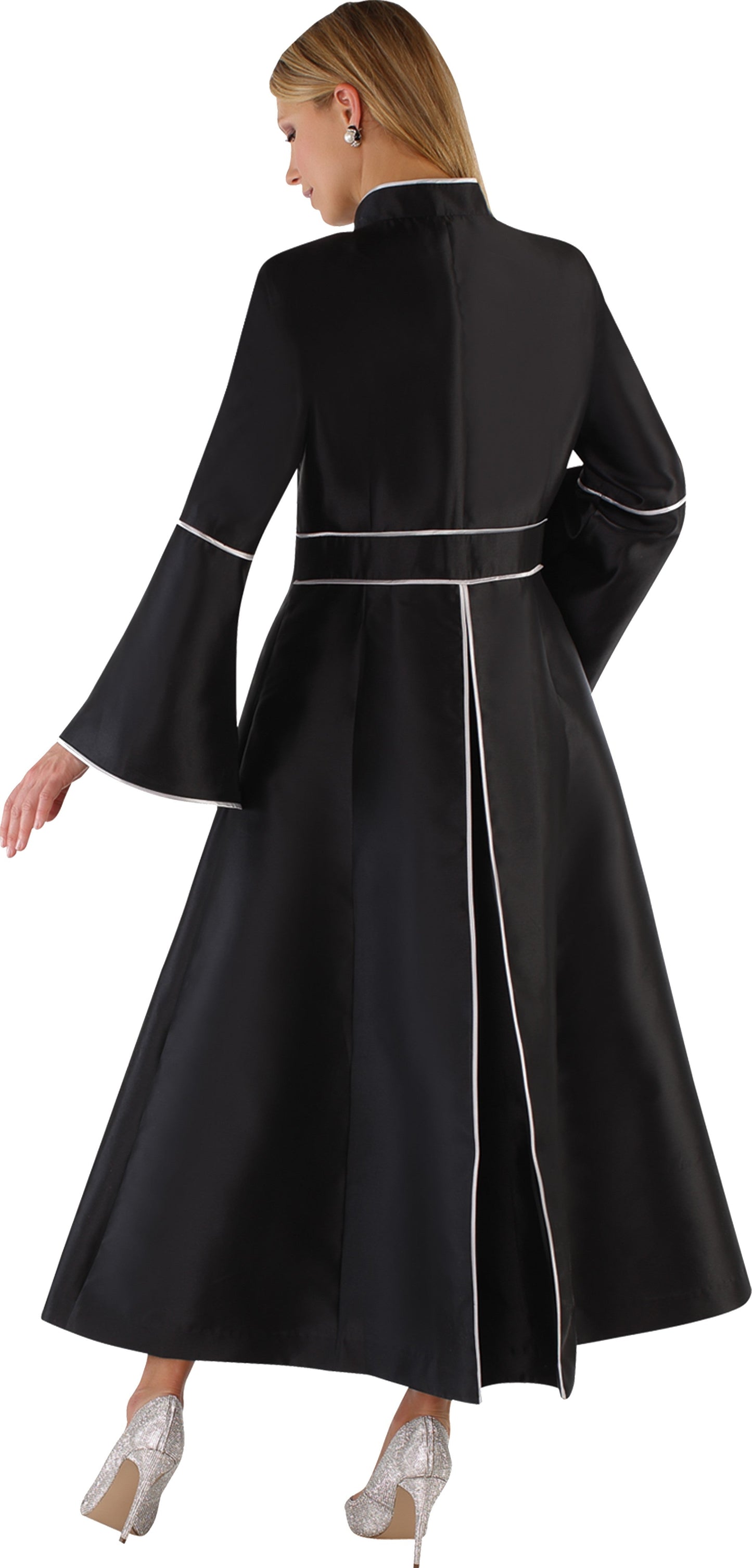 Cassock robe with rhinestone trim in black silver back view by Tally Taylor