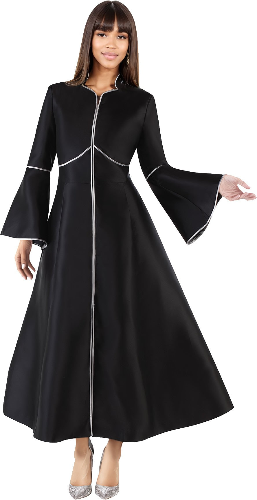 Cassock robe with rhinestone trim in black silver front view by Tally Taylor