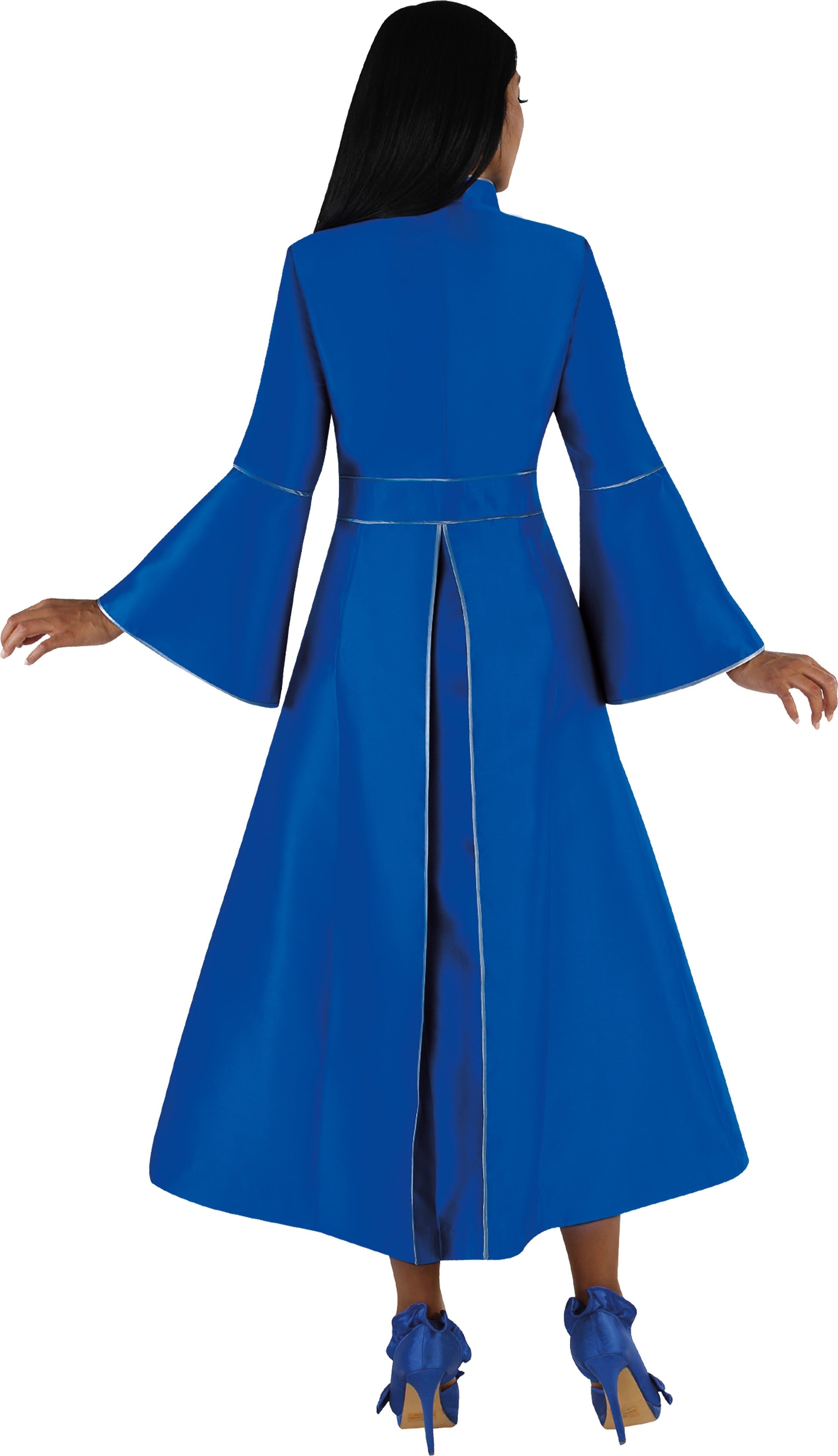 Cassock robe with rhinestone trim in royal grey back view by Tally Taylor