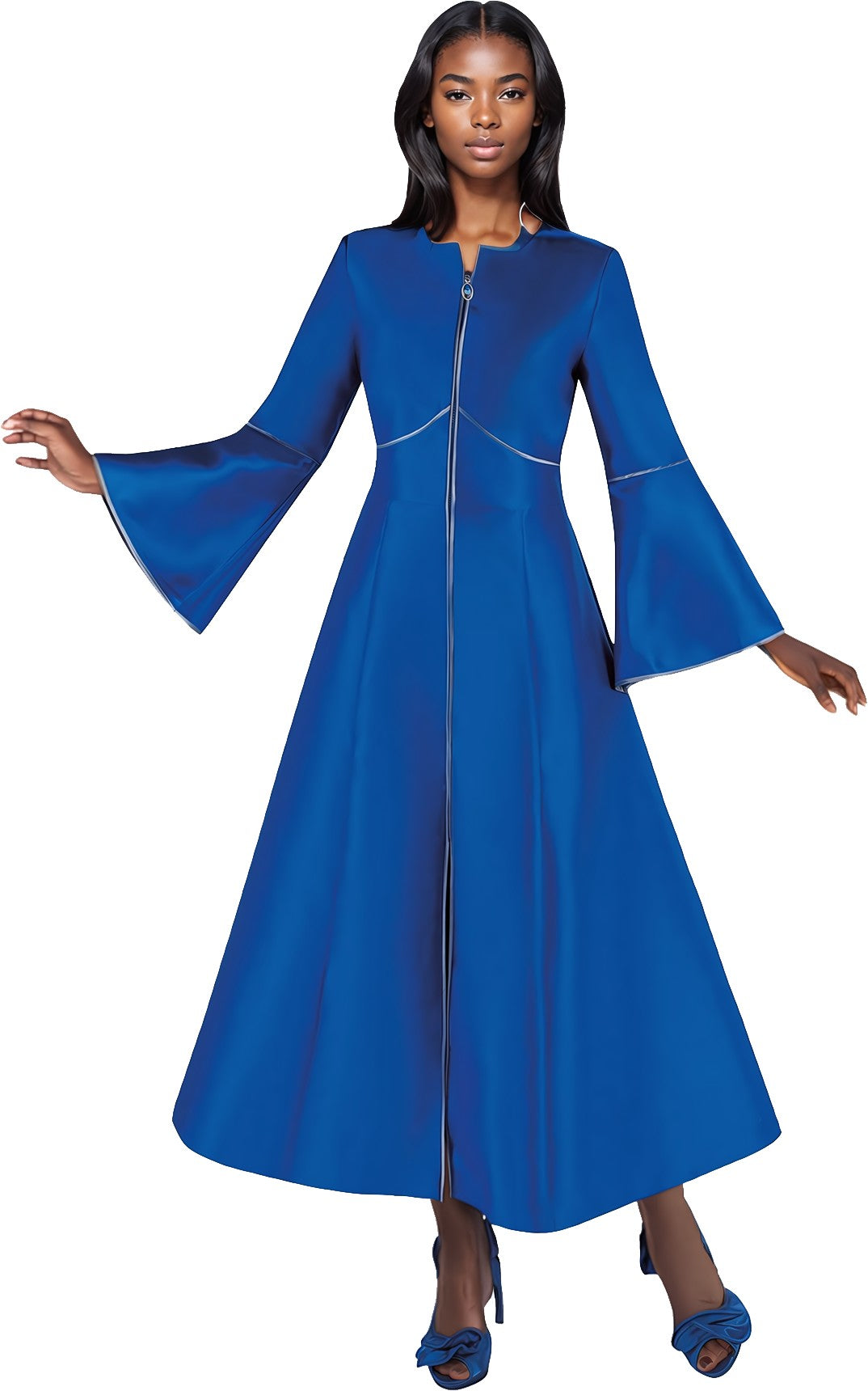 Cassock robe with rhinestone trim in royal grey front view by Tally Taylor