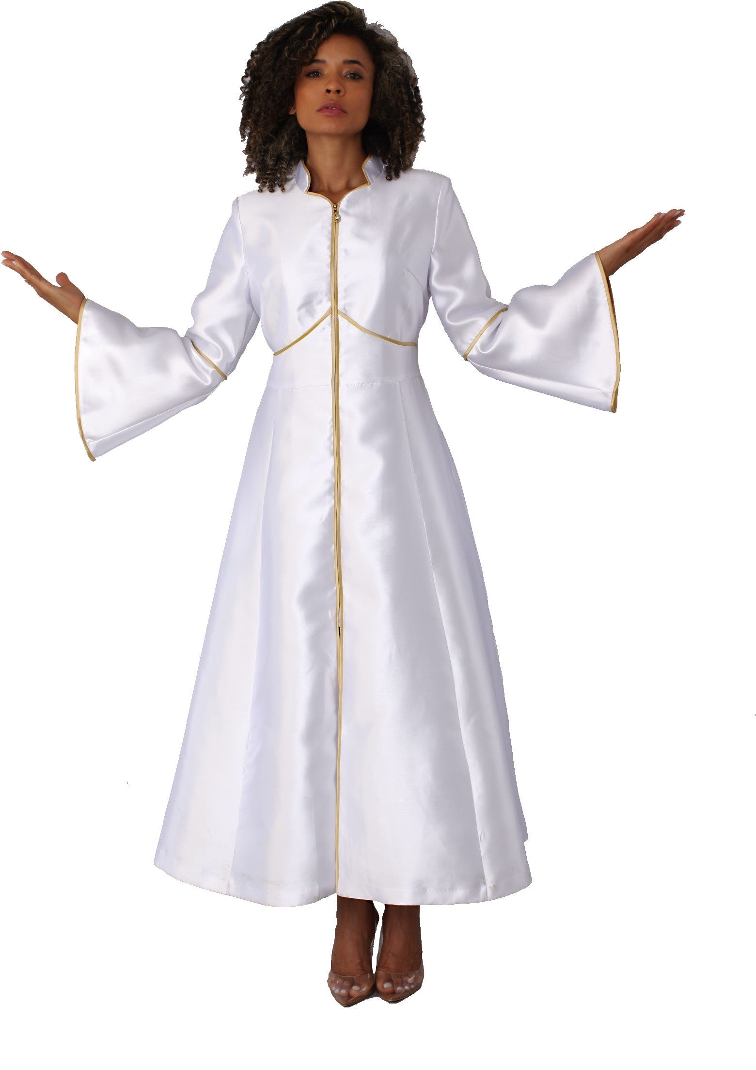 Cassock robe with rhinestone trim in white gold back view by Tally Taylor