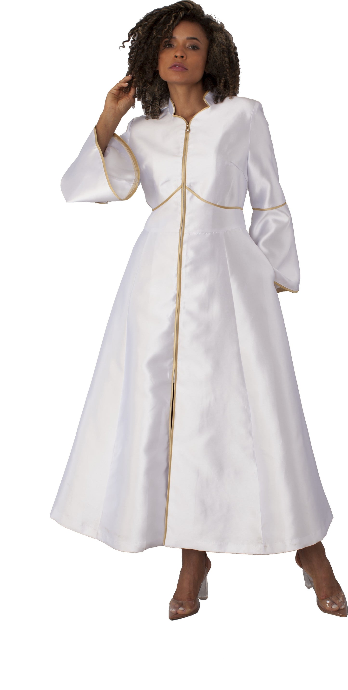 Cassock robe with rhinestone trim in white gold front view by Tally Taylor