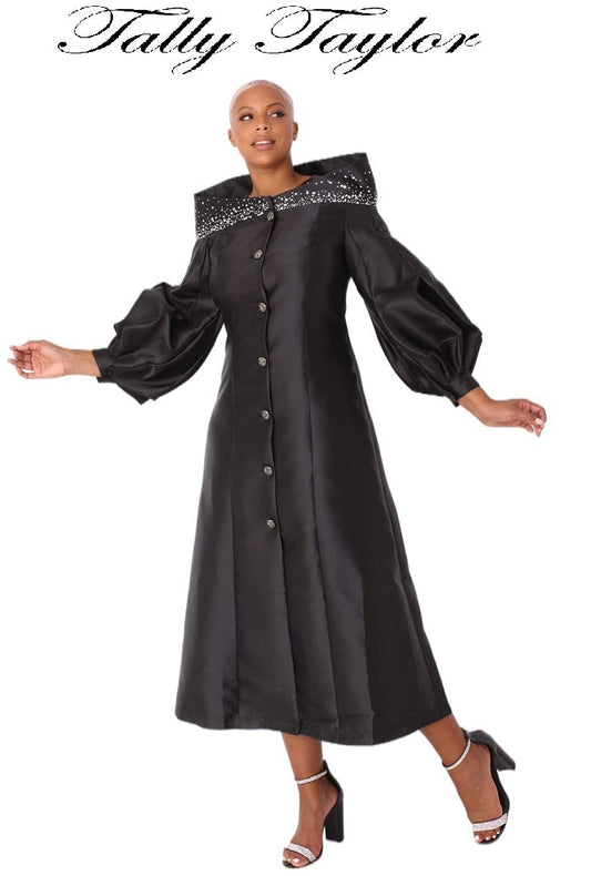 Plus size black one-piece cassock robe with embellished portrait collar and balloon sleeves, front view, perfect for church wear — Tally Taylor