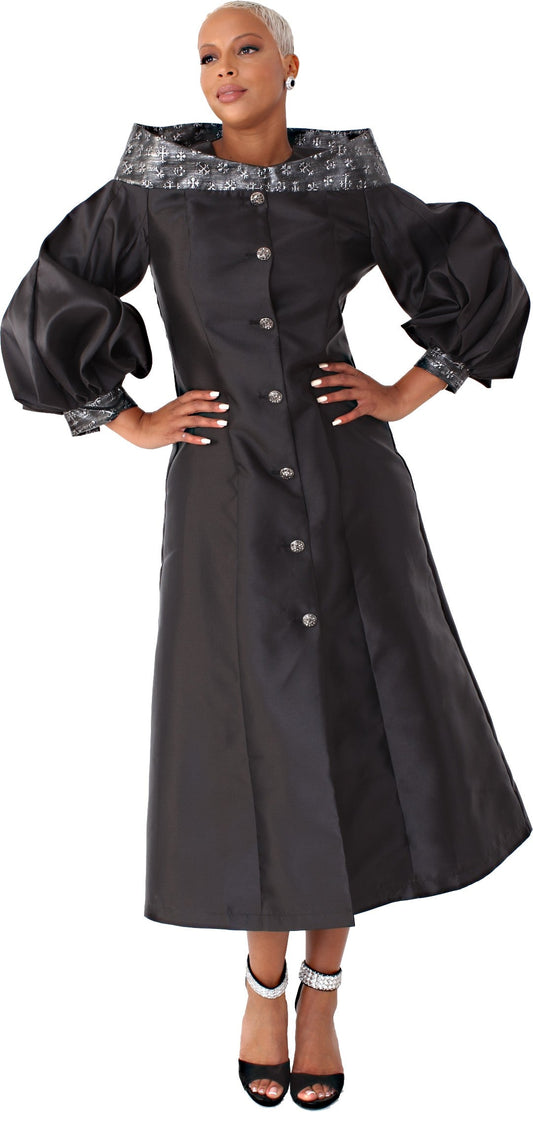 Women’s cassock robe for church, clergy, or choir in black with jeweled buttons and bishop sleeves, model front view showing full clergy robe silhouette – Tally Taylor