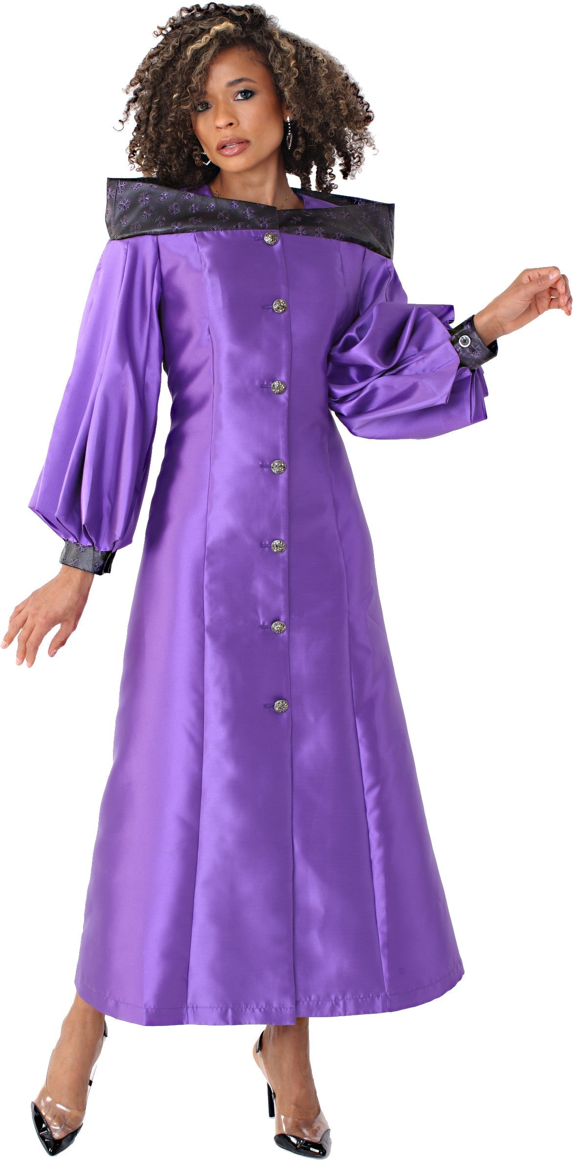 Women’s cassock robe for church, clergy, or choir in purple with jeweled buttons and bishop sleeves, model standing pose showing elegant clergy robe silhouette – Tally Taylor