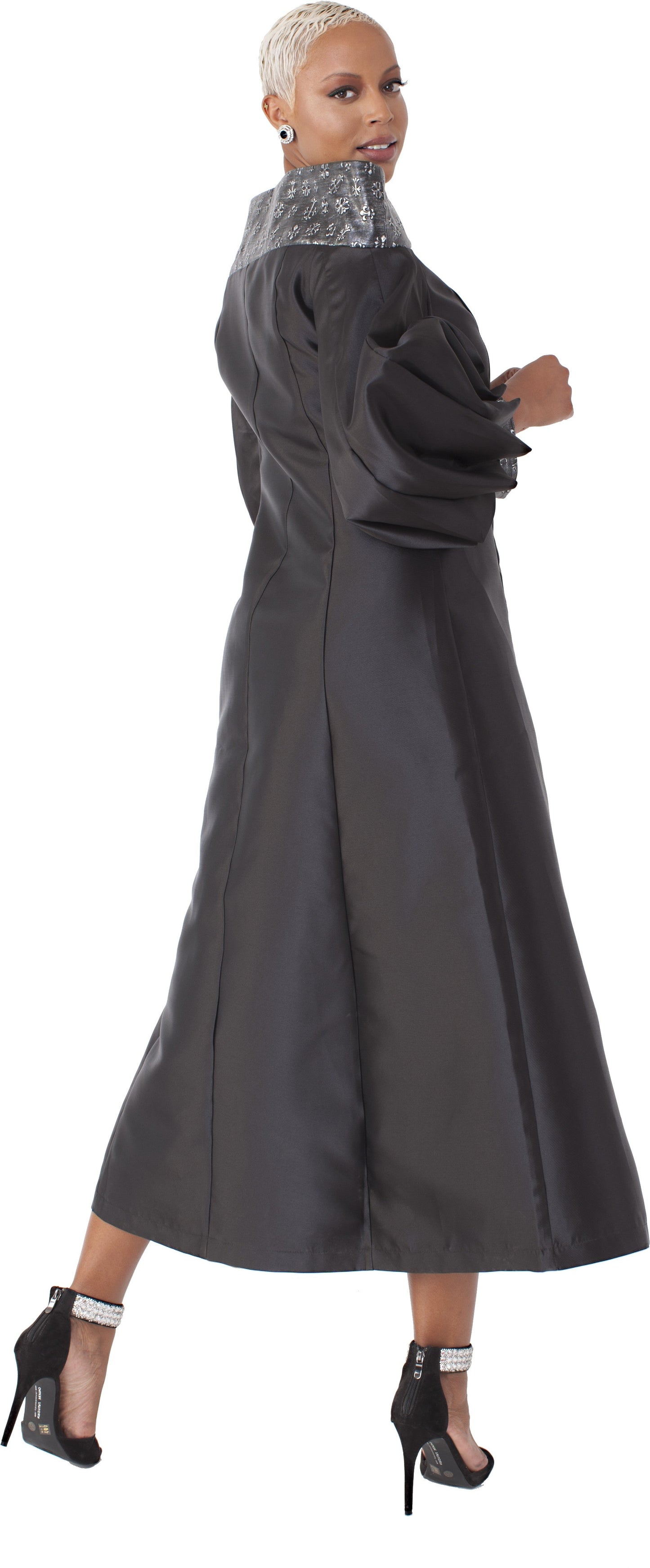 Plus size women’s cassock robe for church, clergy, or choir in black with jeweled buttons and bishop sleeves, model back view showing full robe silhouette – Tally Taylor