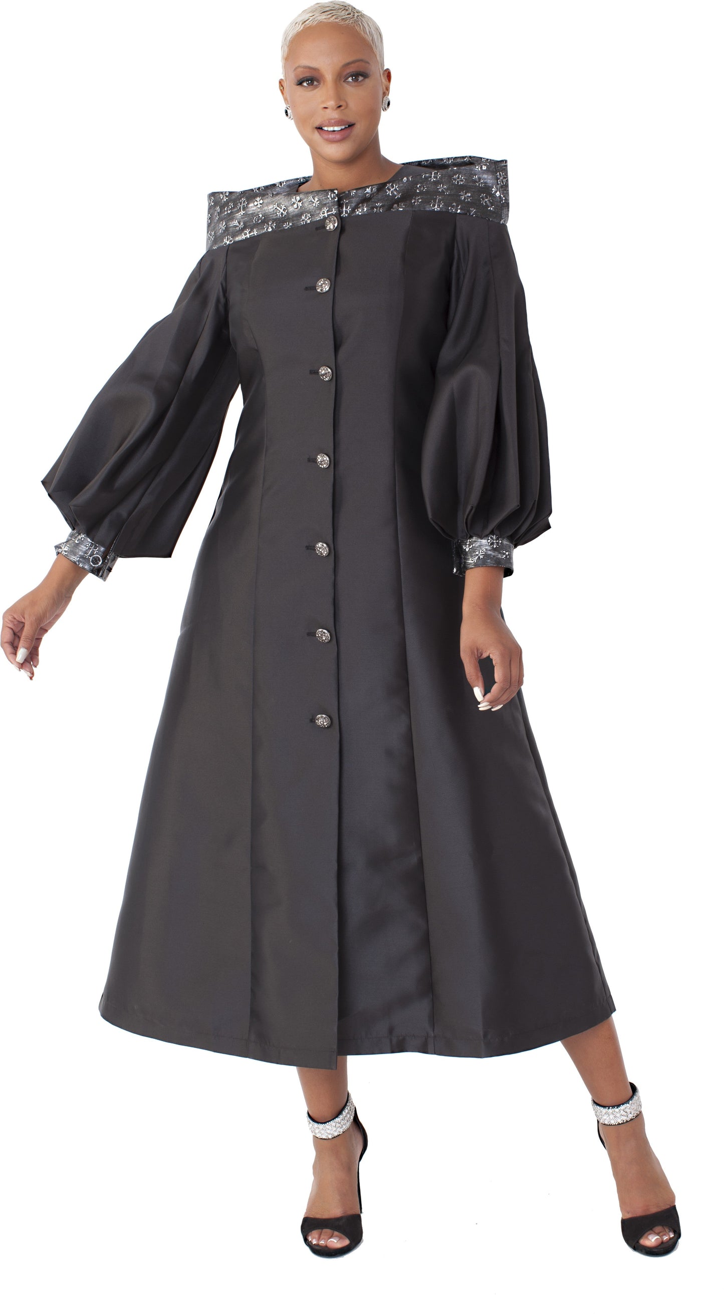 Plus size women’s cassock robe for church, clergy, or choir in black with jeweled buttons and bishop sleeves, model front view showing full clergy robe silhouette – Tally Taylor