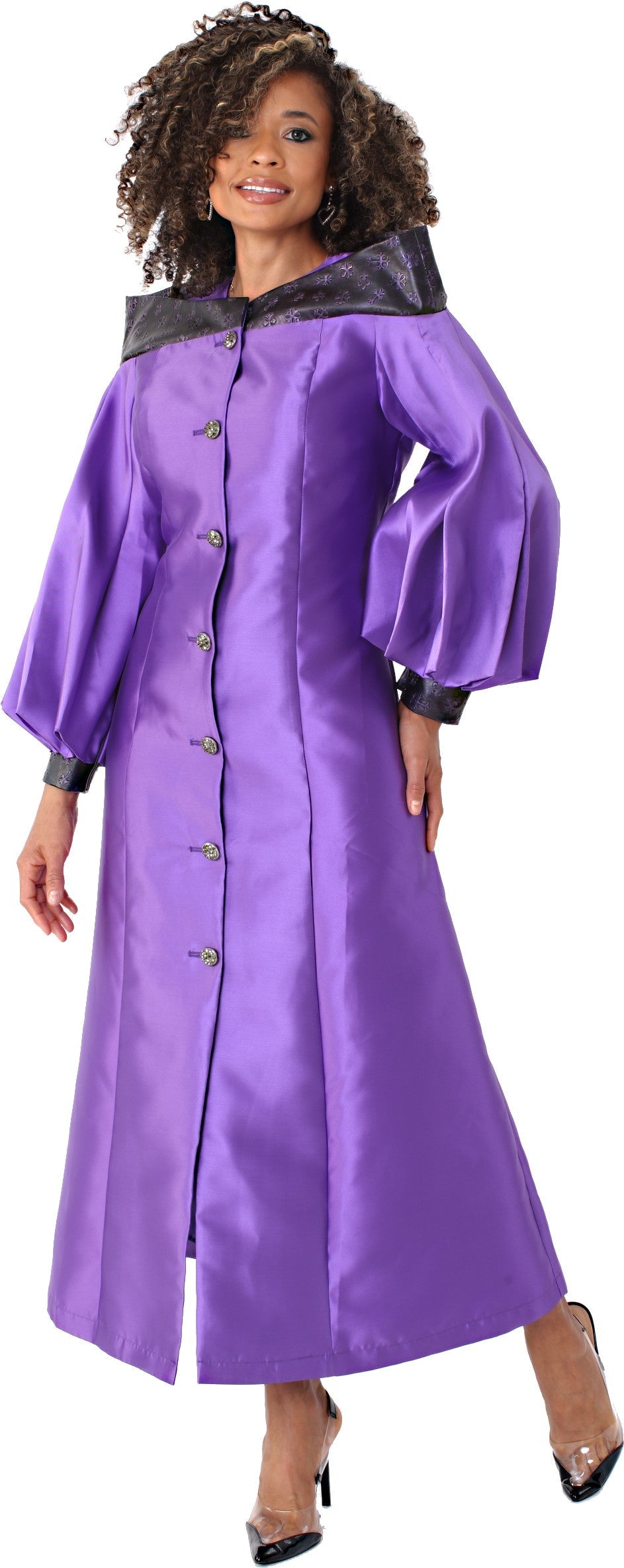 Plus size women’s cassock robe for church, clergy, or choir in purple with jeweled buttons and bishop sleeves, model front view showing elegant clergy robe silhouette – Tally Taylor