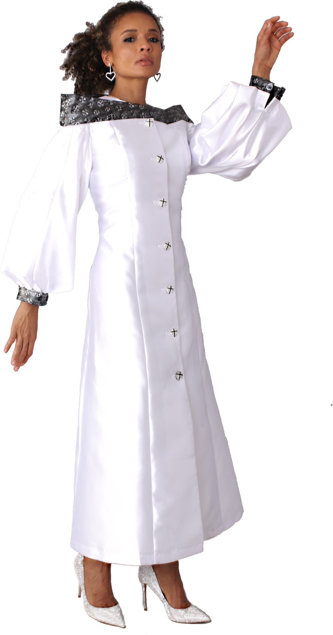 Plus size women’s cassock robe for church, clergy, or choir in white with jeweled buttons and bishop sleeves, model arm-raised pose highlighting dramatic sleeves – Tally Taylor