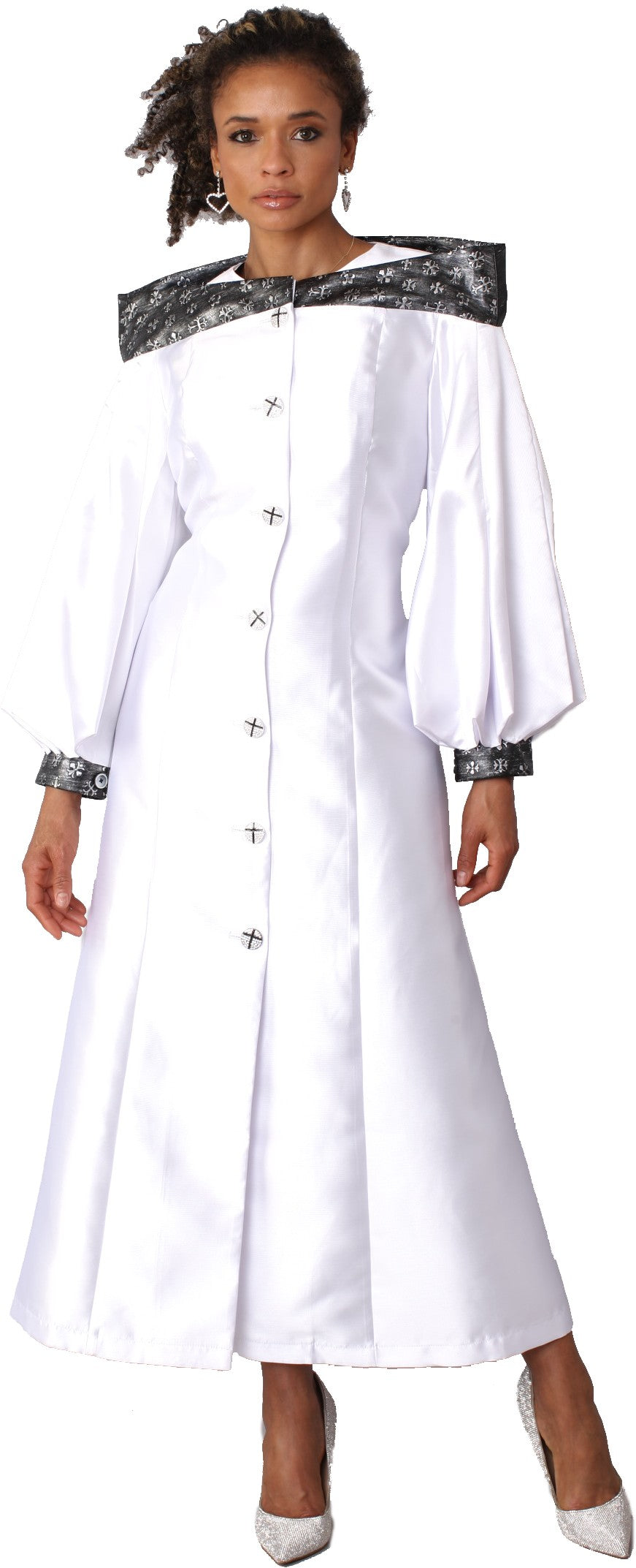 Plus size women’s cassock robe for church, clergy, or choir in white with jeweled buttons and bishop sleeves, model front view showing full clergy robe silhouette – Tally Taylor