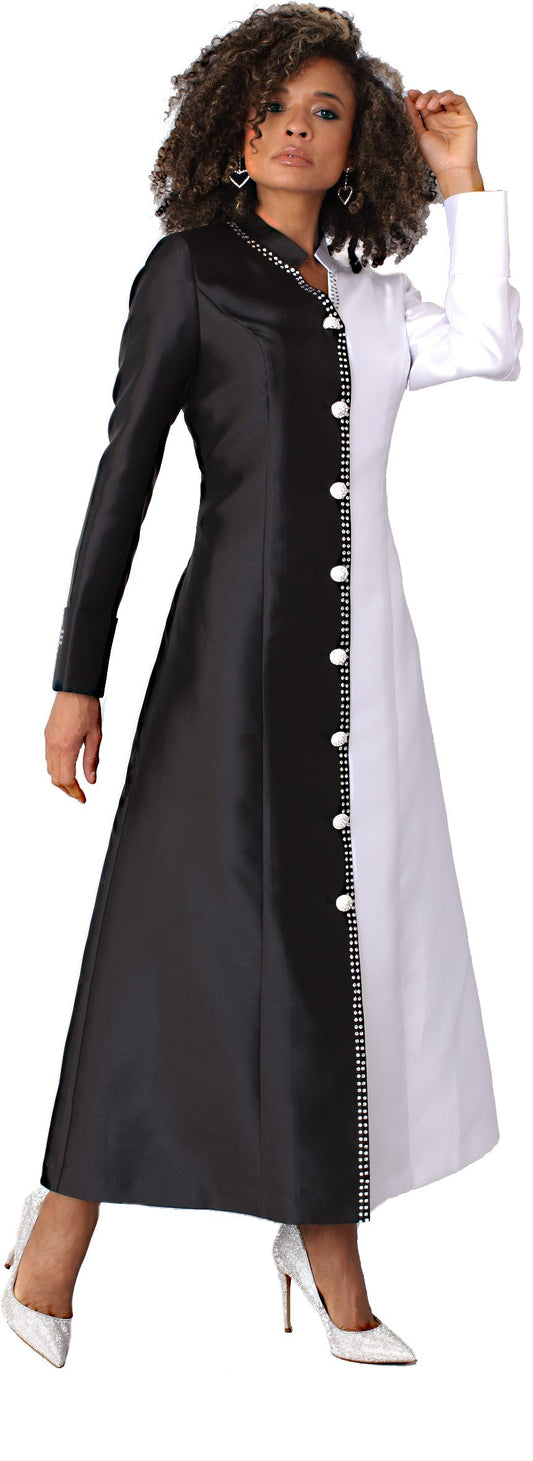 Women’s satin cassock robe for church, clergy, or choir in black and white with rhinestone embellishments and cuff cross detail, model front view showing color block design – Tally Taylor