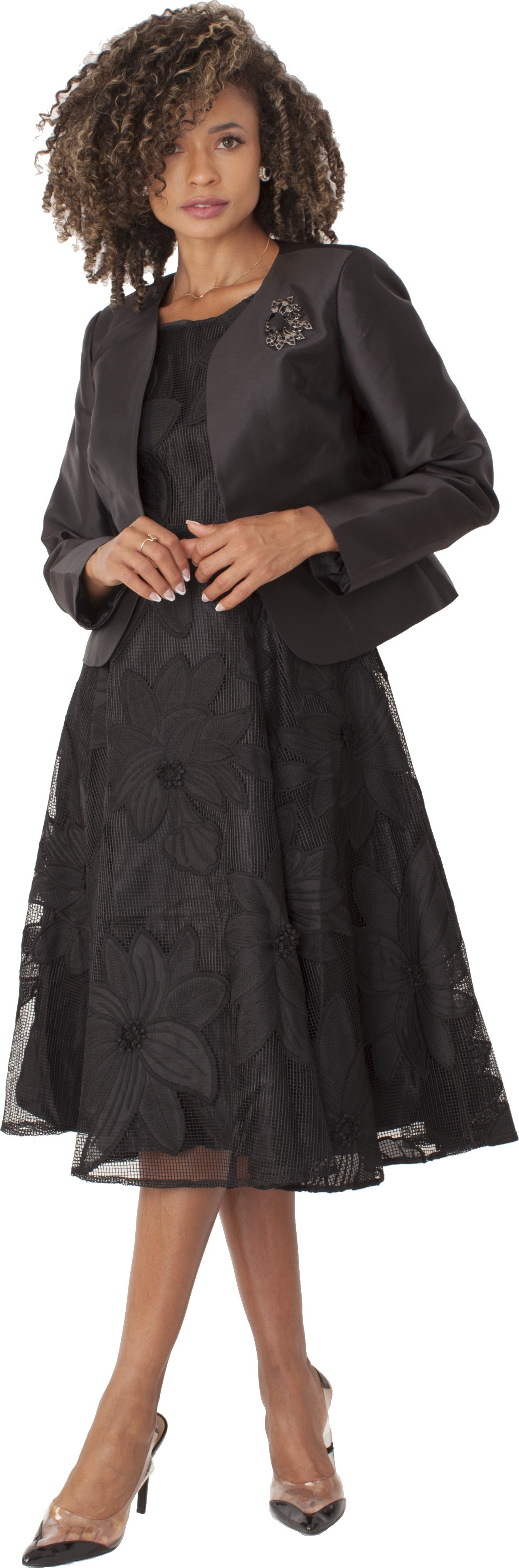 Plus Size Elegant 2-Piece Church Dress with Floral Lace and Jewel Brooch