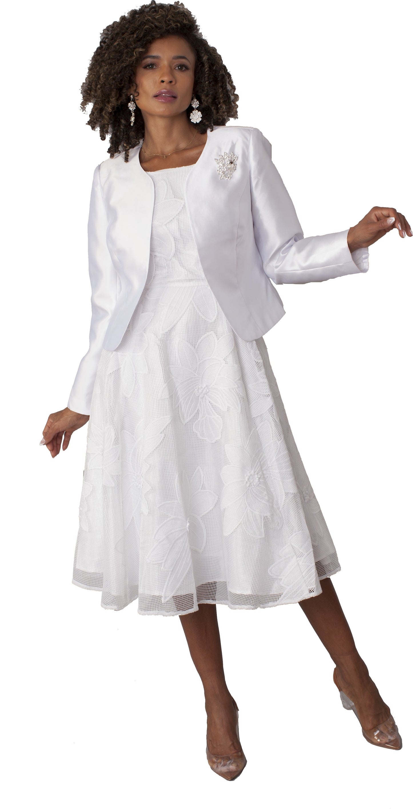 Plus Size Elegant 2-Piece Church Dress with Floral Lace and Jewel Brooch