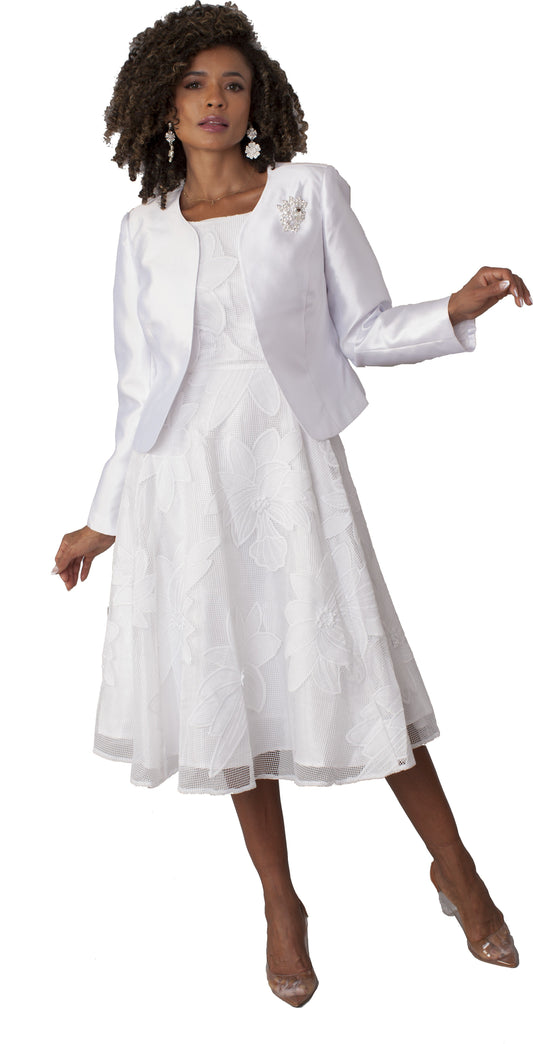 Plus size white floral lace church dress with matching jacket and jewel brooch, model standing pose showing elegant two-piece silhouette – Tally Taylor