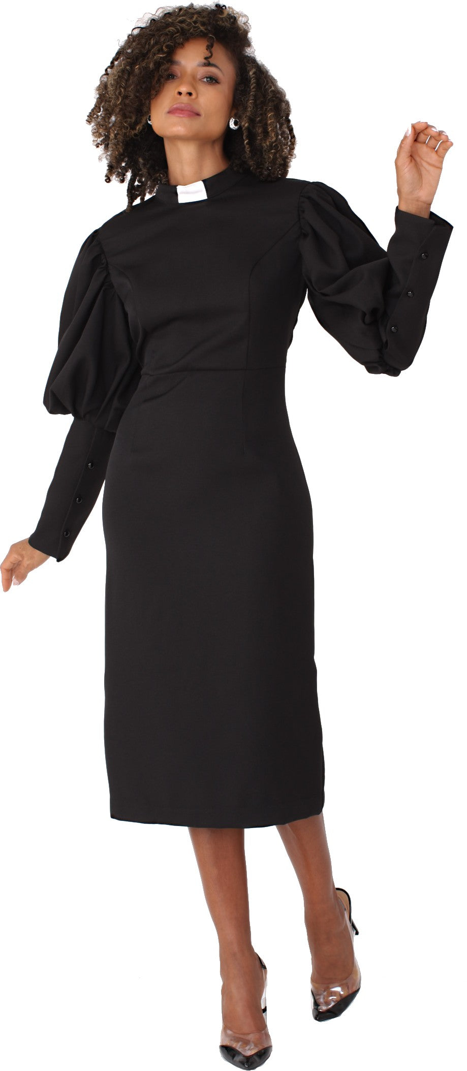 Black and white clergy dress with puff sleeves and a classic collar shown in a front standing pose by Tally Taylor.
