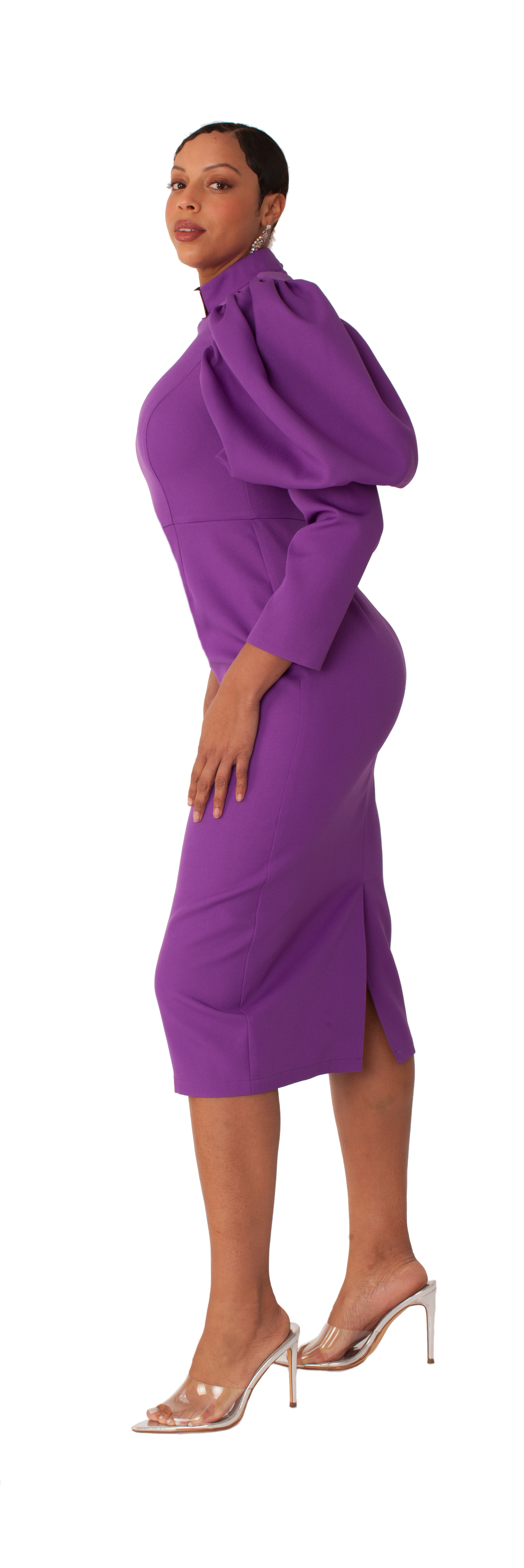 Purple and white clergy dress with puff sleeves and a classic collar shown from the side by Tally Taylor.