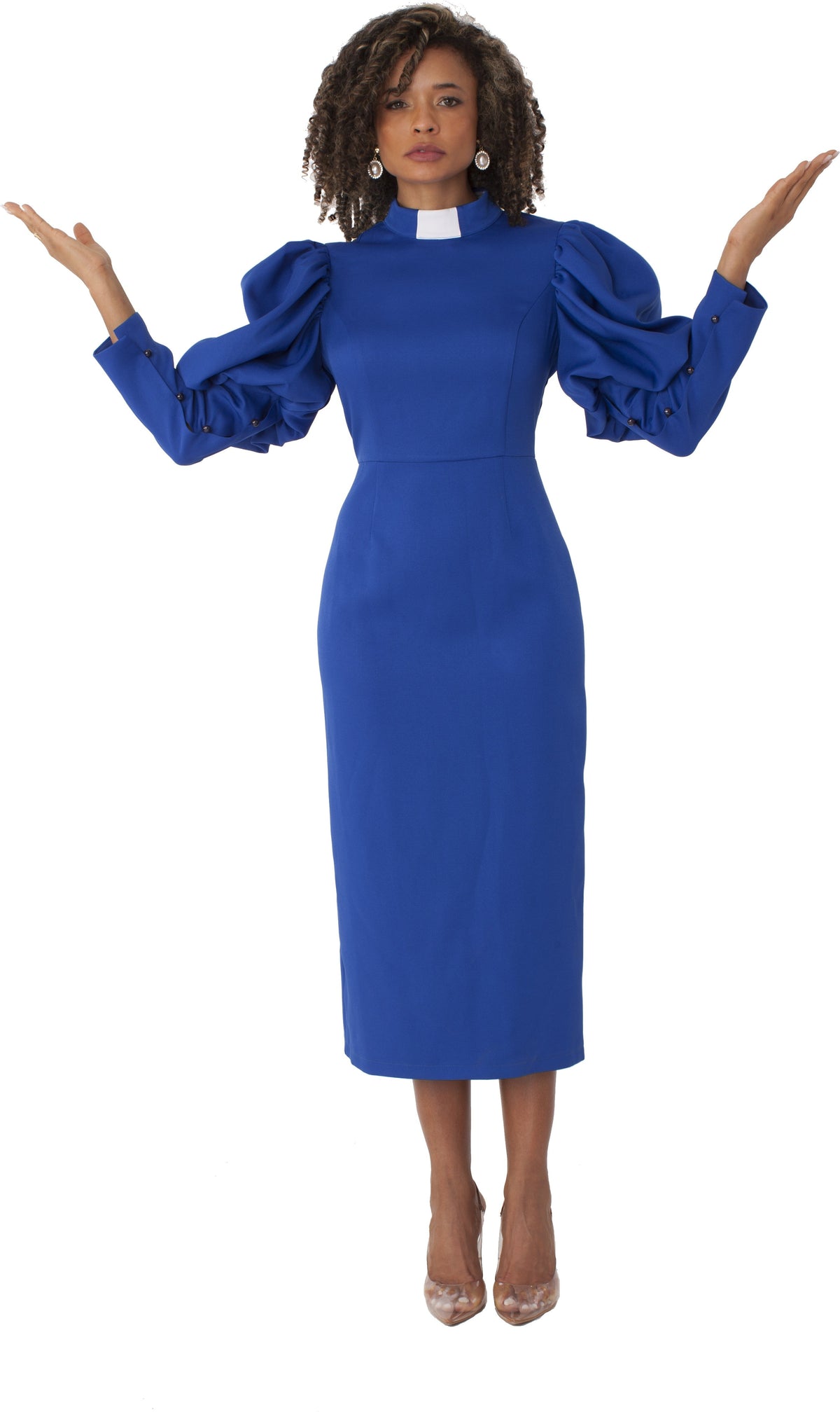 Royal and white clergy dress with puff sleeves and a classic collar shown with open arms by Tally Taylor.