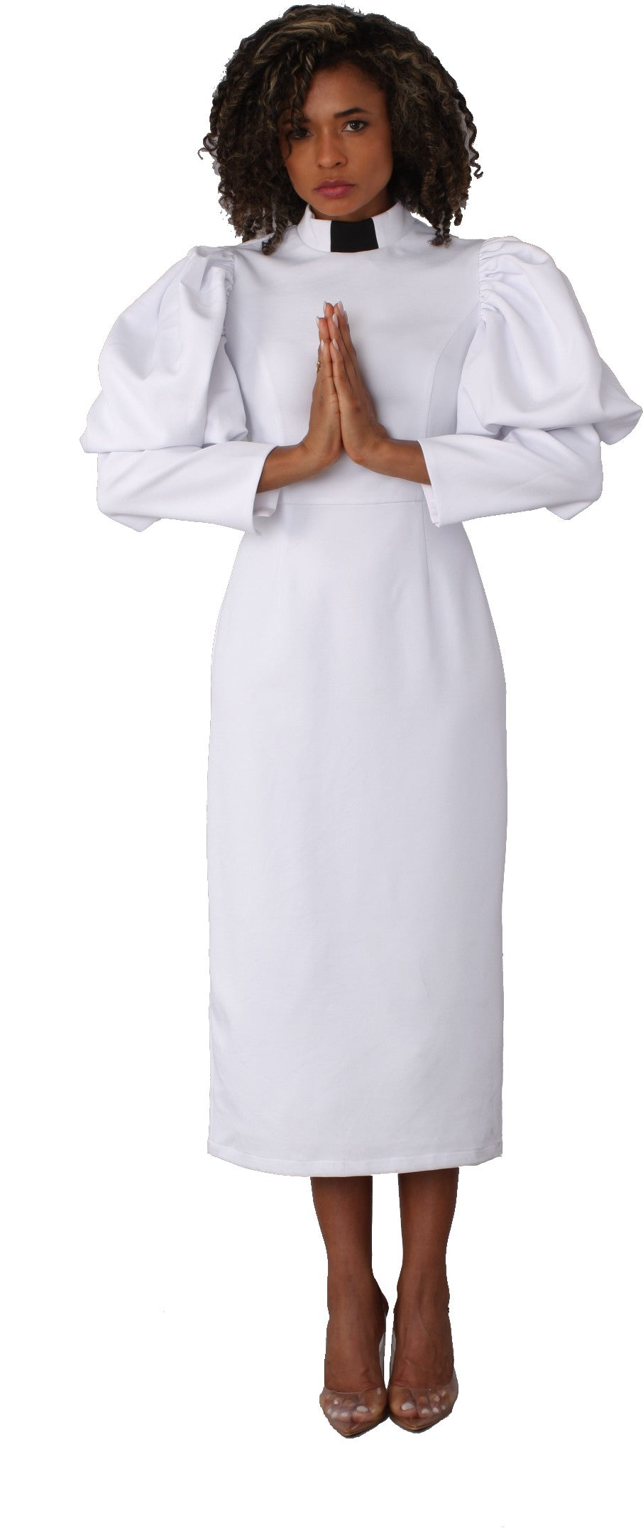 White and black clergy dress with puff sleeves and a classic collar shown in a front standing pose by Tally Taylor.