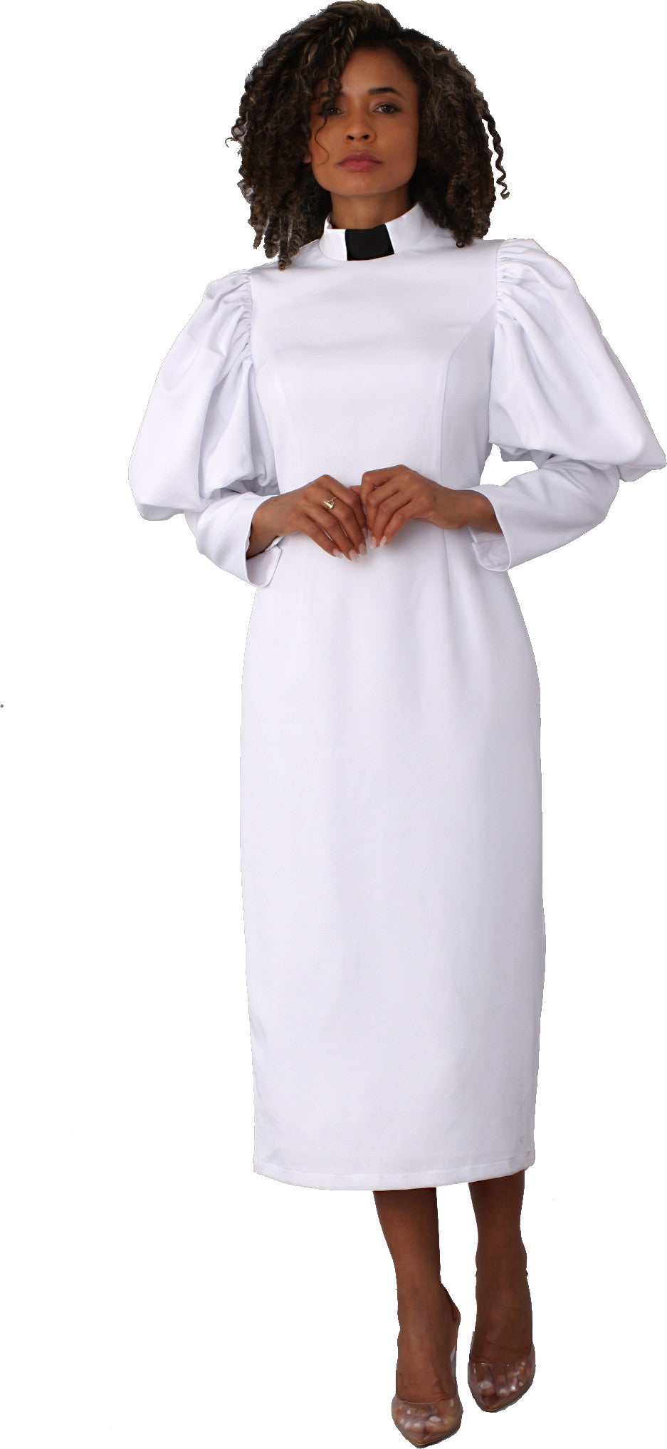 White and black clergy dress with puff sleeves and a classic collar shown with hands together in a prayer pose by Tally Taylor.