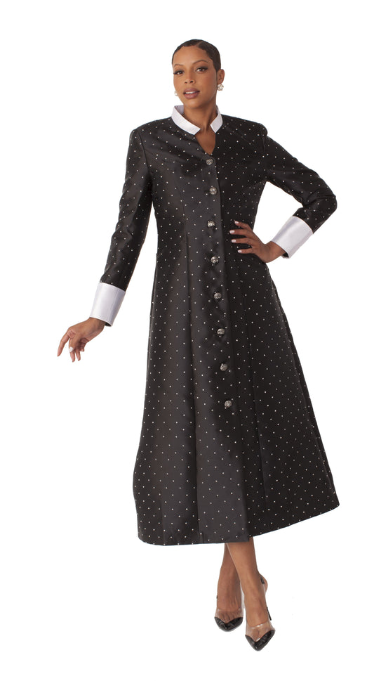 Women’s preaching robe for church or clergy in black with rhinestone buttons and studded detailing, model front view showing elegant full-length robe silhouette – Tally Taylor