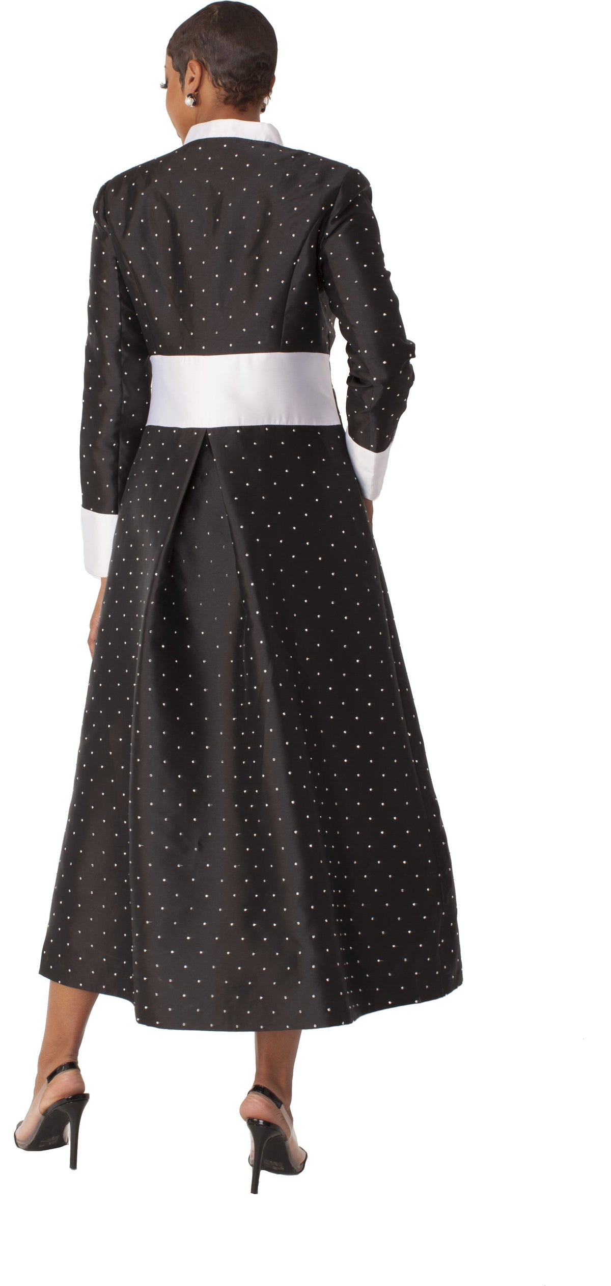 Plus size women’s preaching robe for church or clergy in black with rhinestone buttons and studded detailing, model back view showing full robe silhouette – Tally Taylor