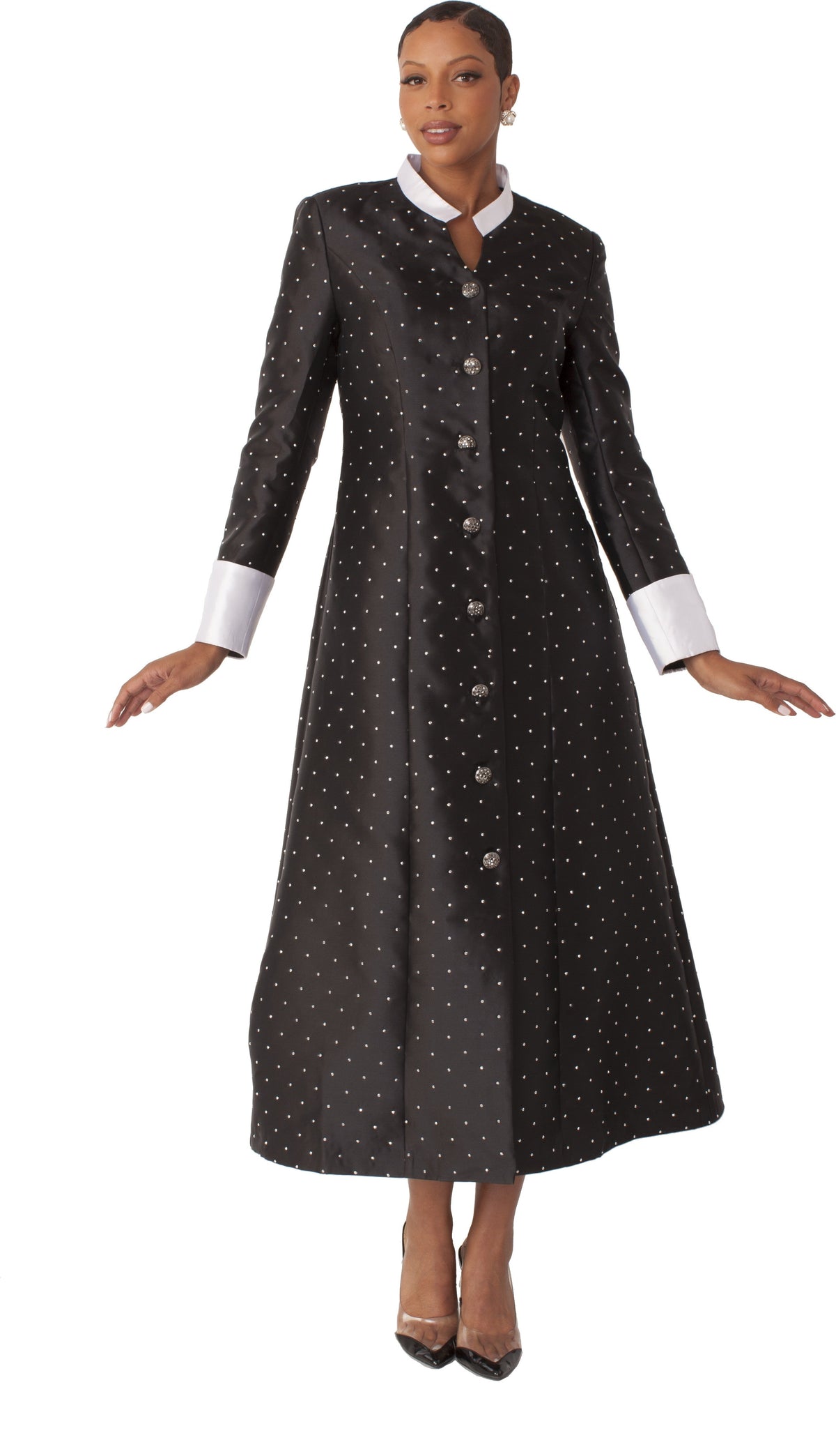 Plus size women’s preaching robe for church or clergy in black with rhinestone buttons and studded detailing, model front view showing full-length robe silhouette – Tally Taylor