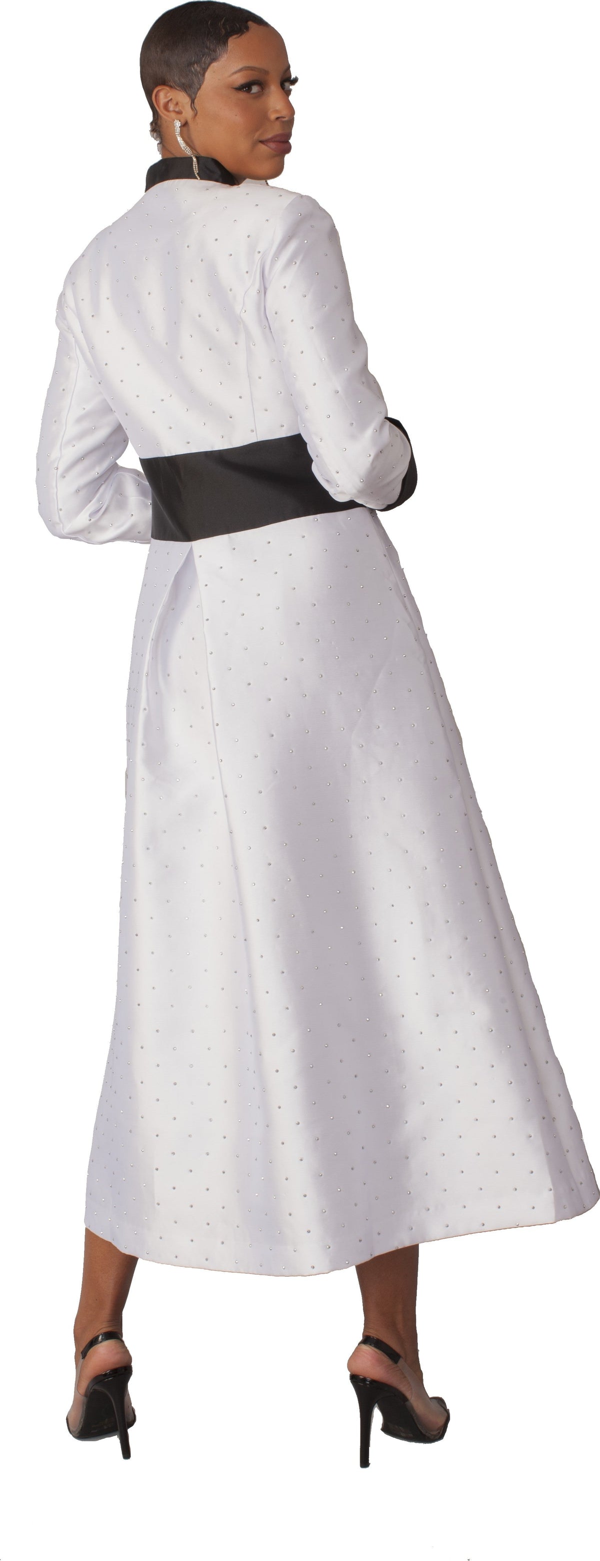 Plus size women’s preaching robe for church or clergy in white with rhinestone buttons and studded detailing, model angled pose showing elegant robe silhouette – Tally Taylor