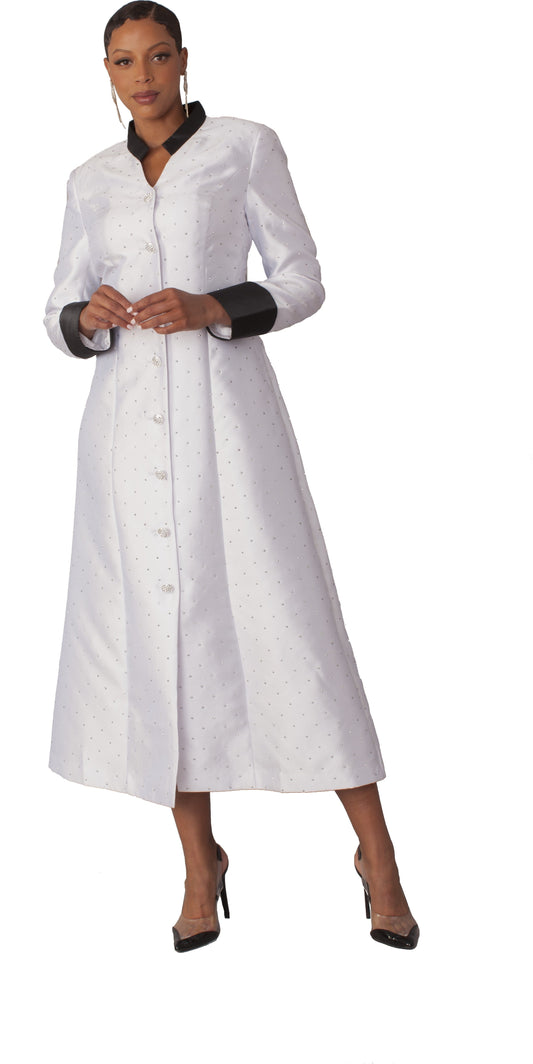 Plus size women’s preaching robe for church or clergy in white with rhinestone buttons and studded detailing, model front view showing full-length robe silhouette – Tally Taylor