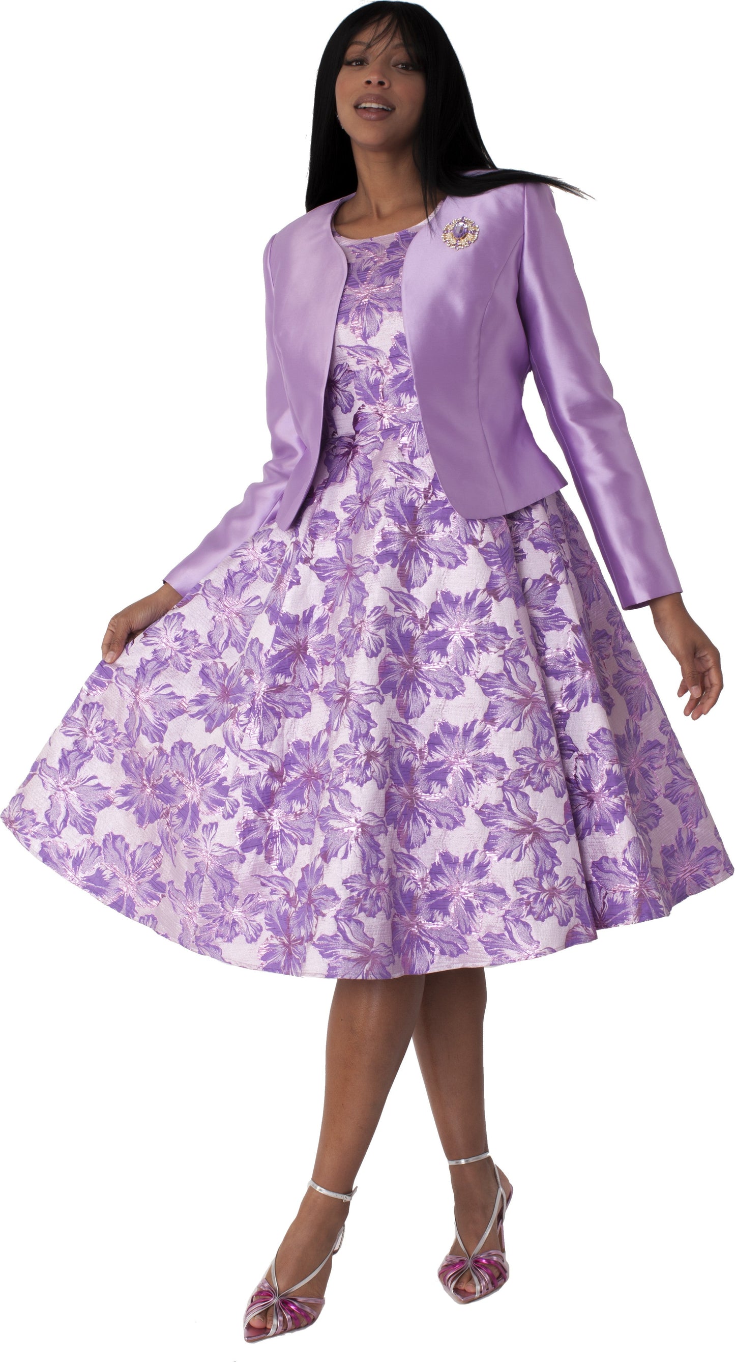 Plus Size Floral Brocade Church Dress with Jacket- 4819W