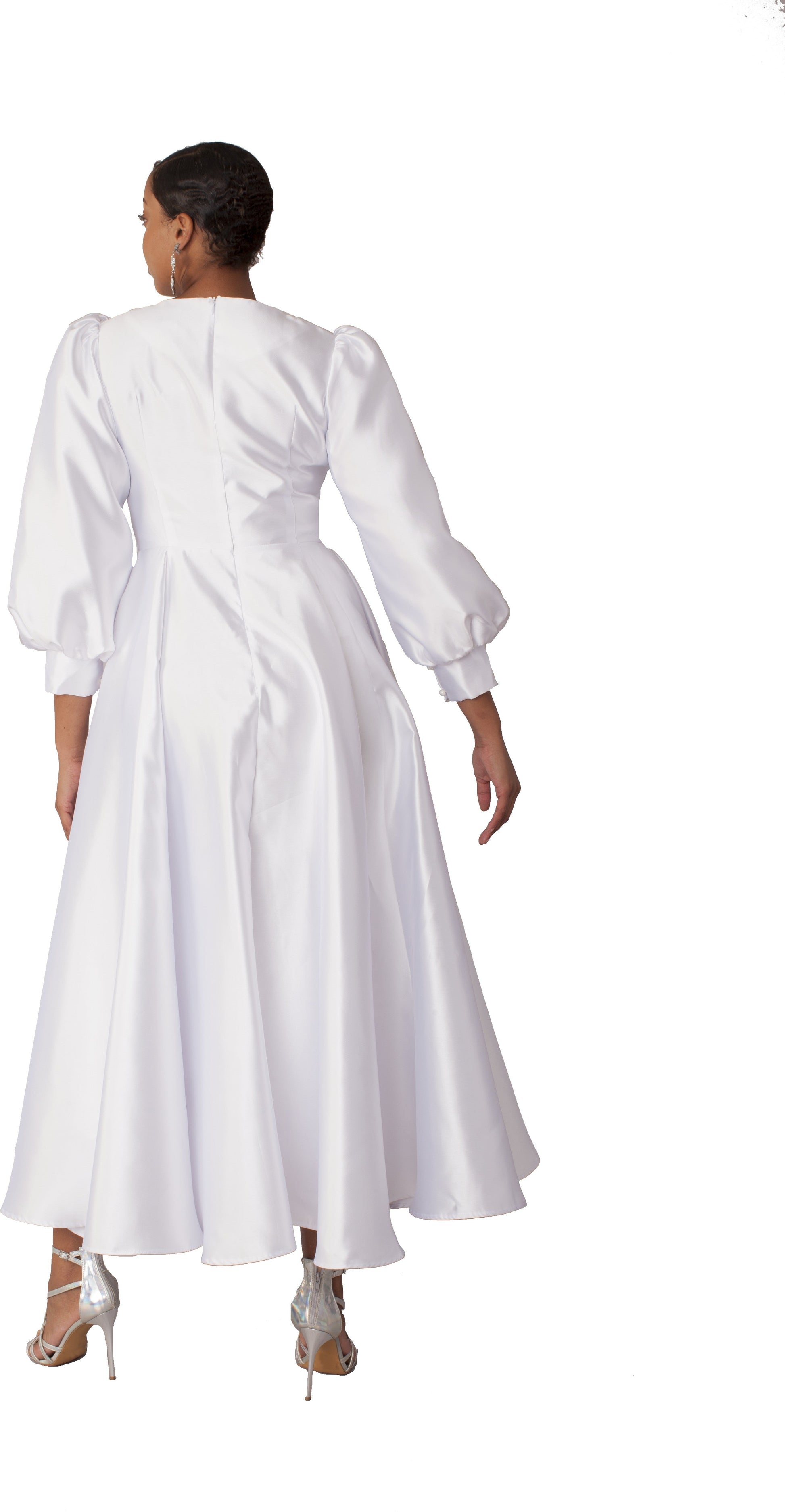 White elegant long dress with bishop sleeves back pose Tally Taylor