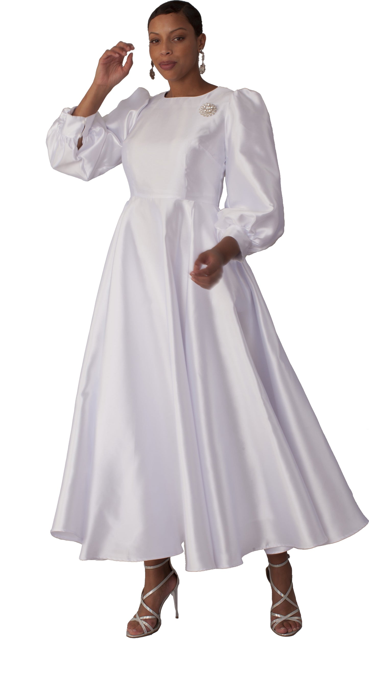 White elegant long dress with bishop sleeves and brooch detail front pose Tally Taylor