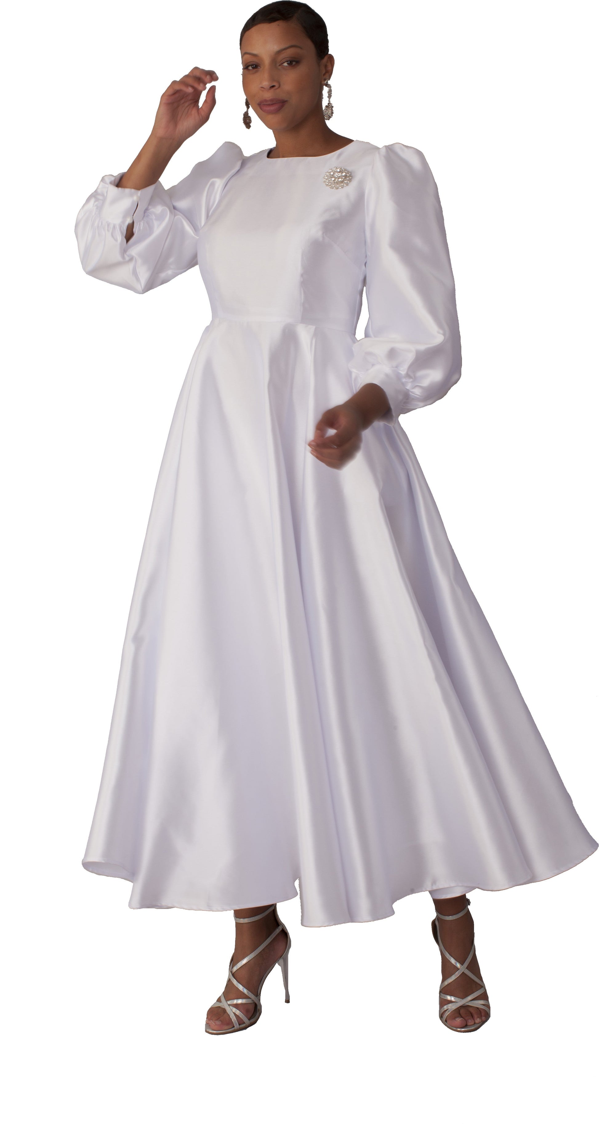 White elegant long dress with bishop sleeves and brooch detail front pose Tally Taylor