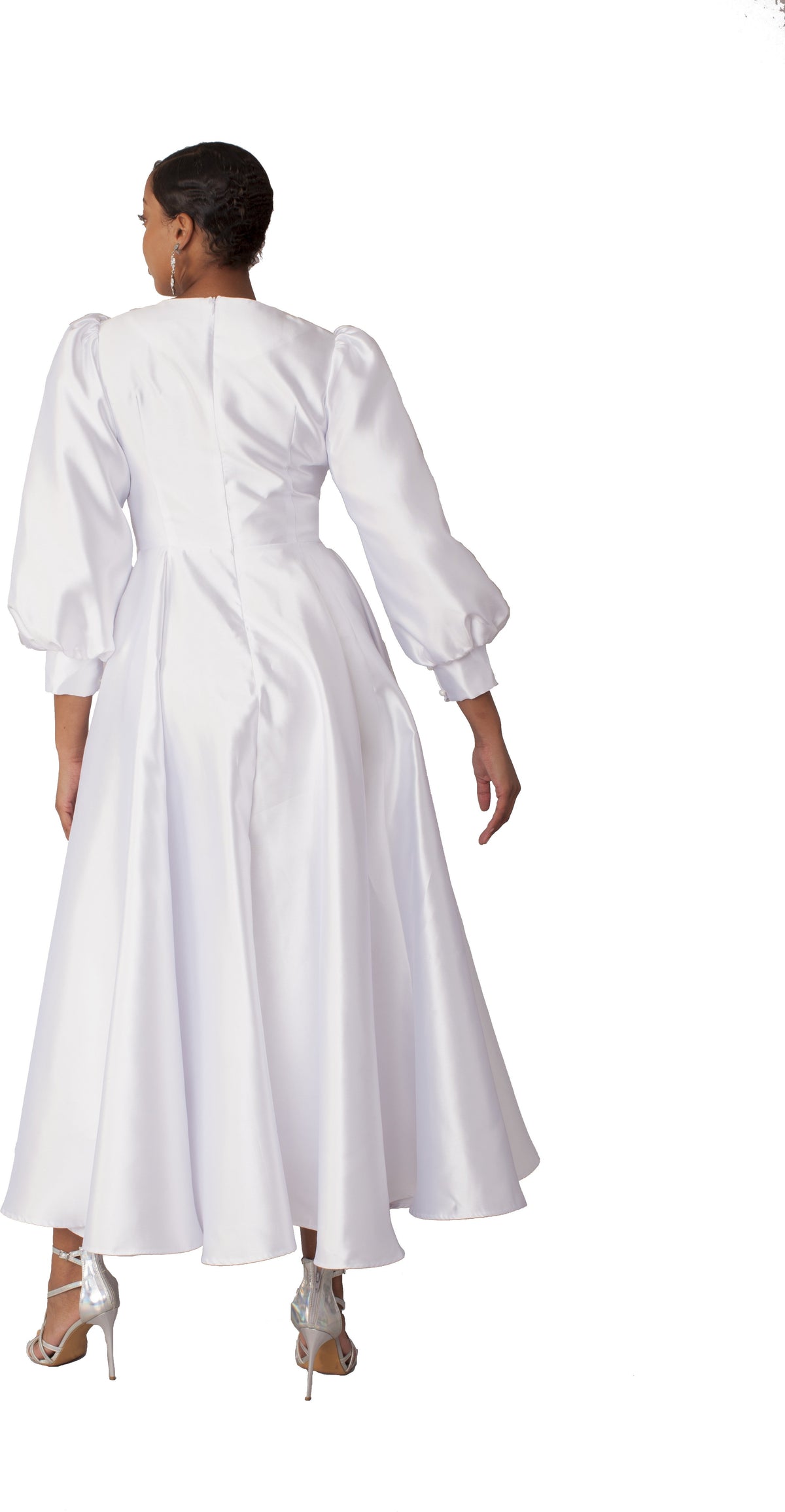 Plus size white elegant long dress with bishop sleeves back pose Tally Taylor