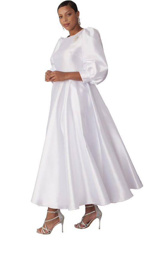 Plus size white elegant long dress with bishop sleeves and brooch detail front pose Tally Taylor